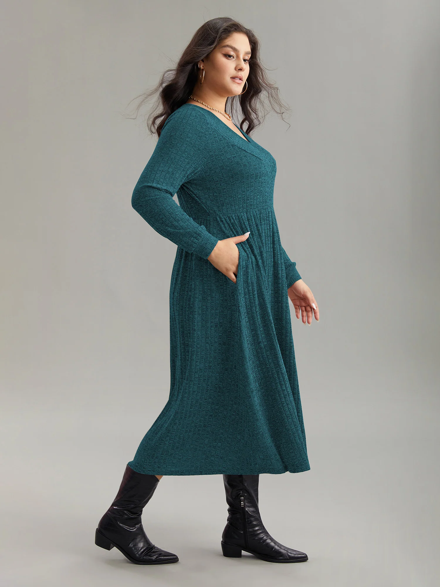 Rib Knit Plain Plisse Long Sleeve Dress - Image 3