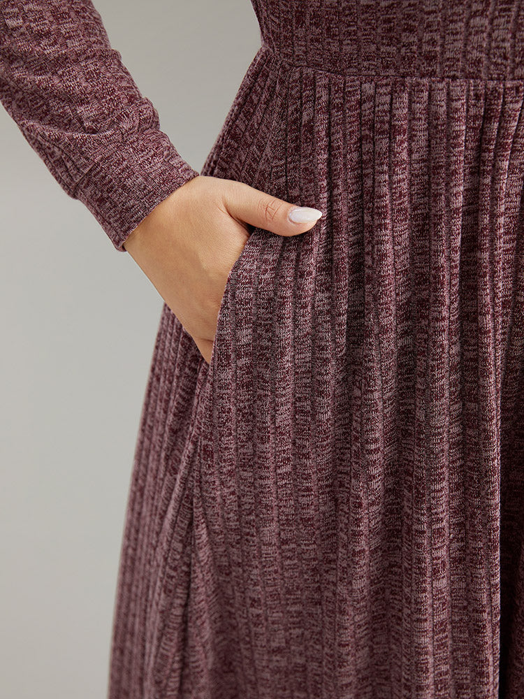 Rib Knit Plain Plisse Long Sleeve Dress - Image 30