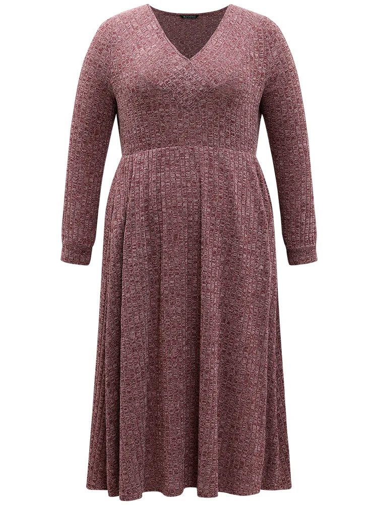 Rib Knit Plain Plisse Long Sleeve Dress - Image 31