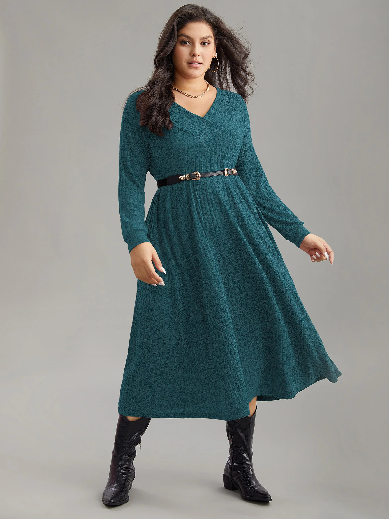 Rib Knit Plain Plisse Long Sleeve Dress - Image 4