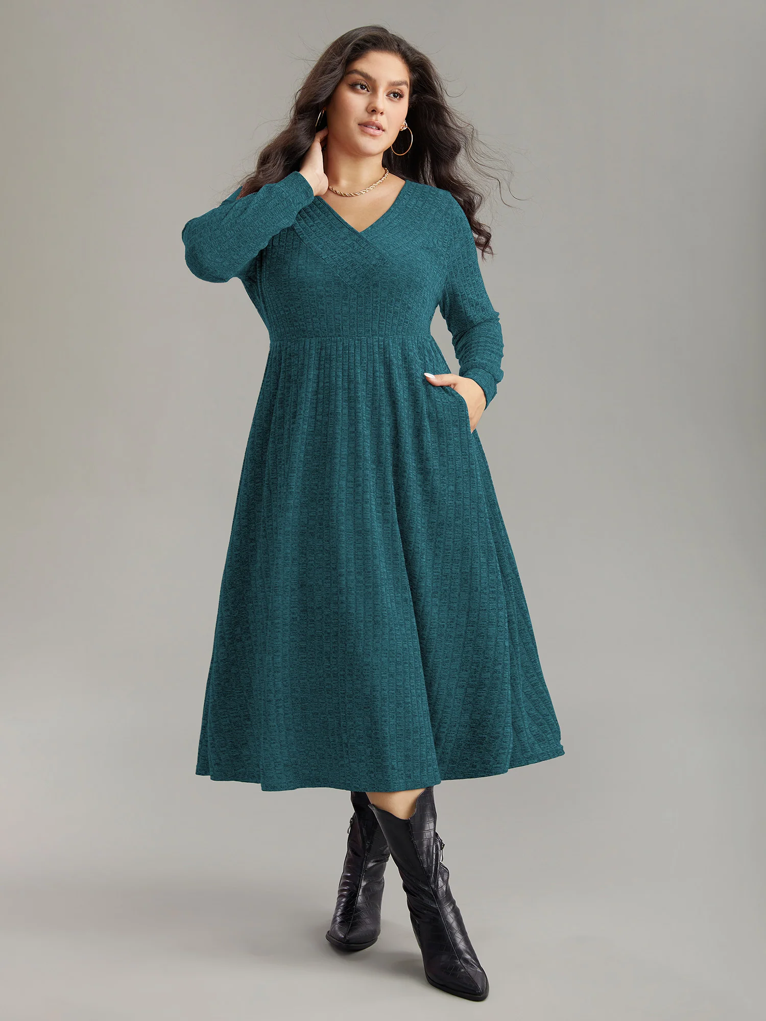 Rib Knit Plain Plisse Long Sleeve Dress - Image 5