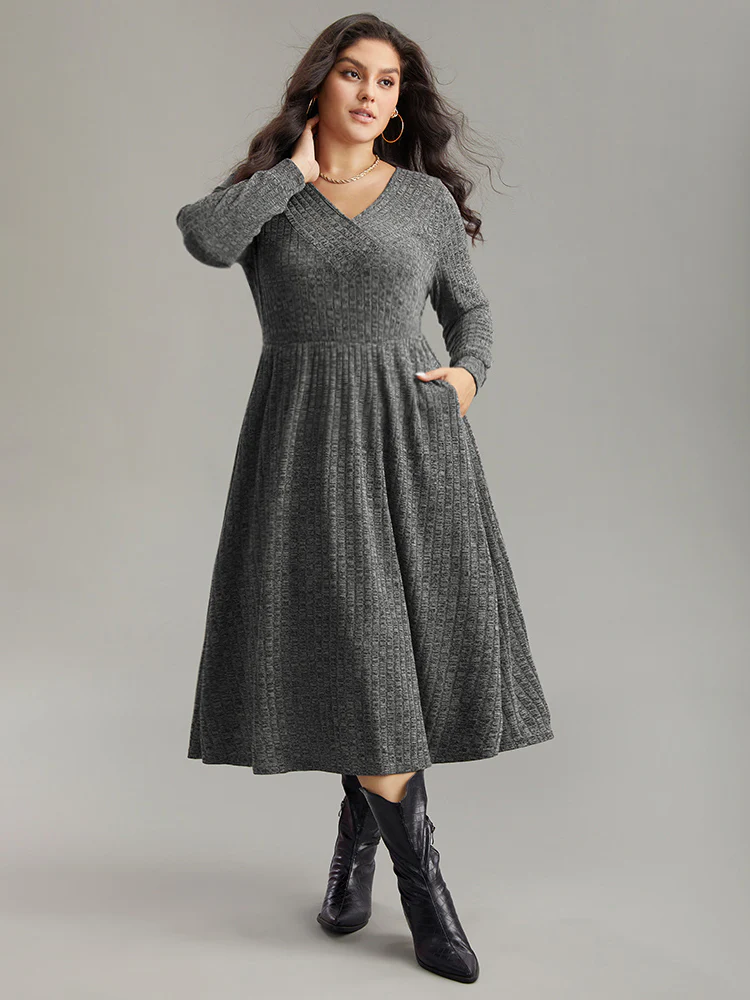 Rib Knit Plain Plisse Long Sleeve Dress - Image 6