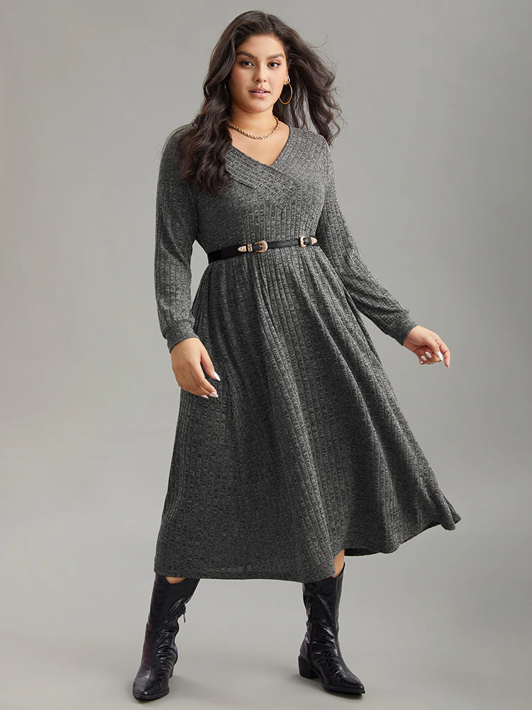 Rib Knit Plain Plisse Long Sleeve Dress - Image 7