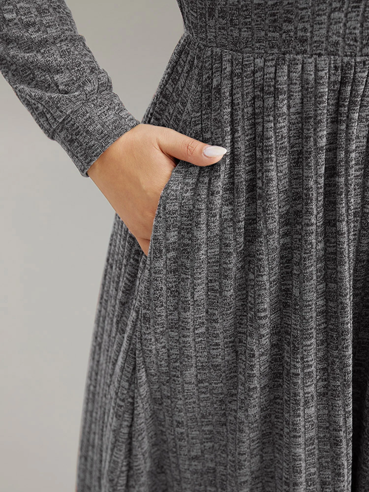 Rib Knit Plain Plisse Long Sleeve Dress - Image 8