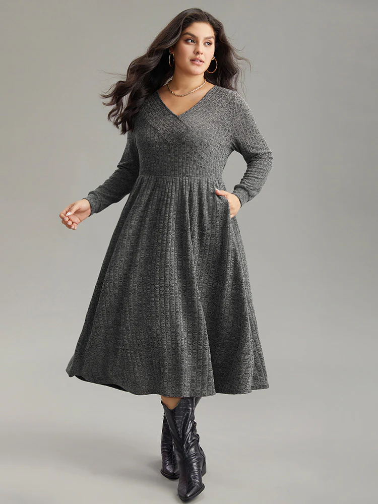 Rib Knit Plain Plisse Long Sleeve Dress - Image 9
