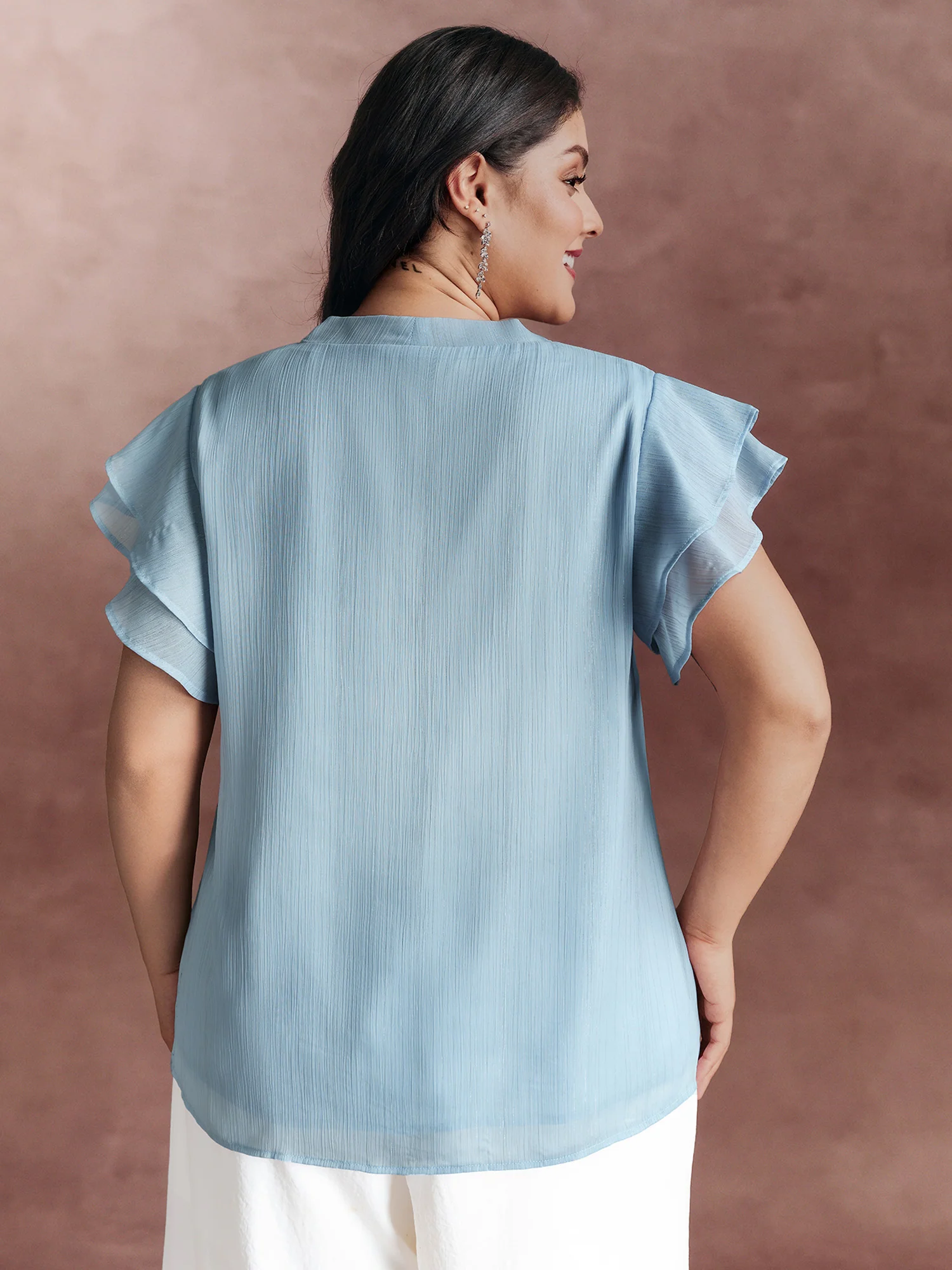 Ribbon Neckline Layered Sleeve Blouse - Image 4