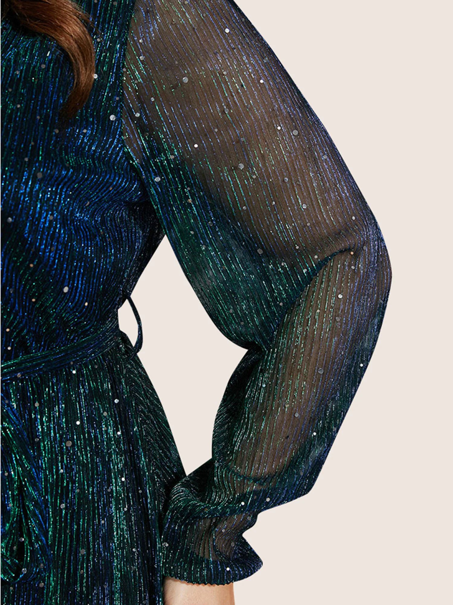 Sequin Mesh Lantern Sleeve Wrap Belted Striped Blouse - Image 11