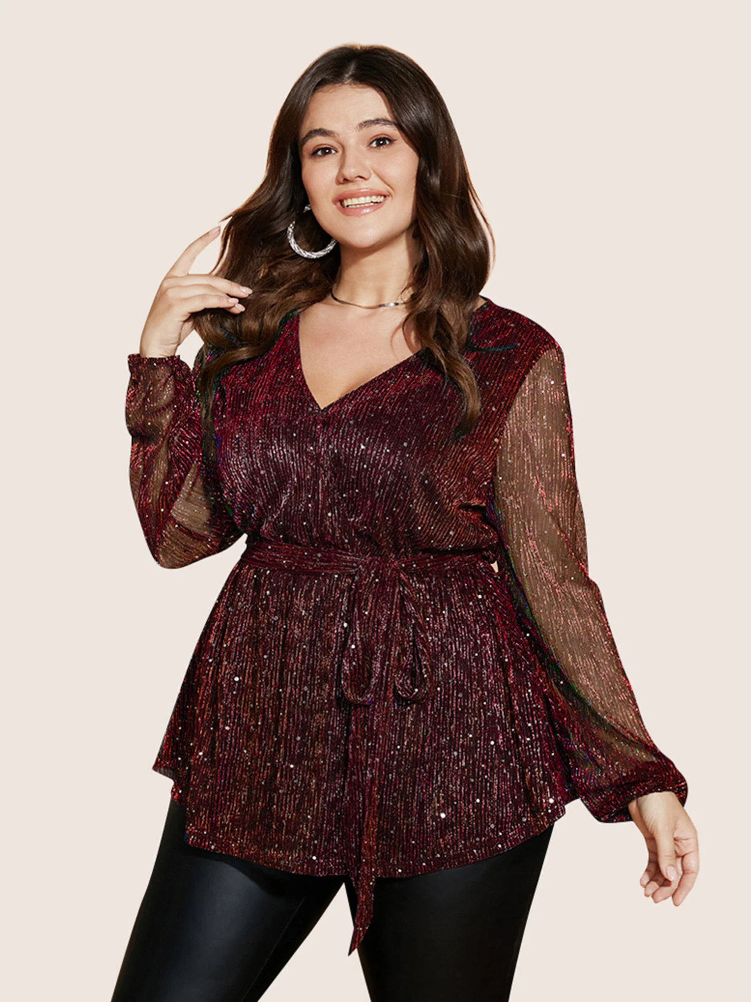 Sequin Mesh Lantern Sleeve Wrap Belted Striped Blouse - Image 16