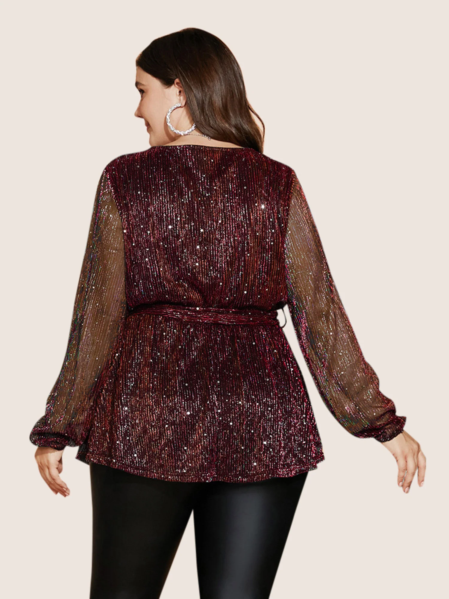 Sequin Mesh Lantern Sleeve Wrap Belted Striped Blouse - Image 17