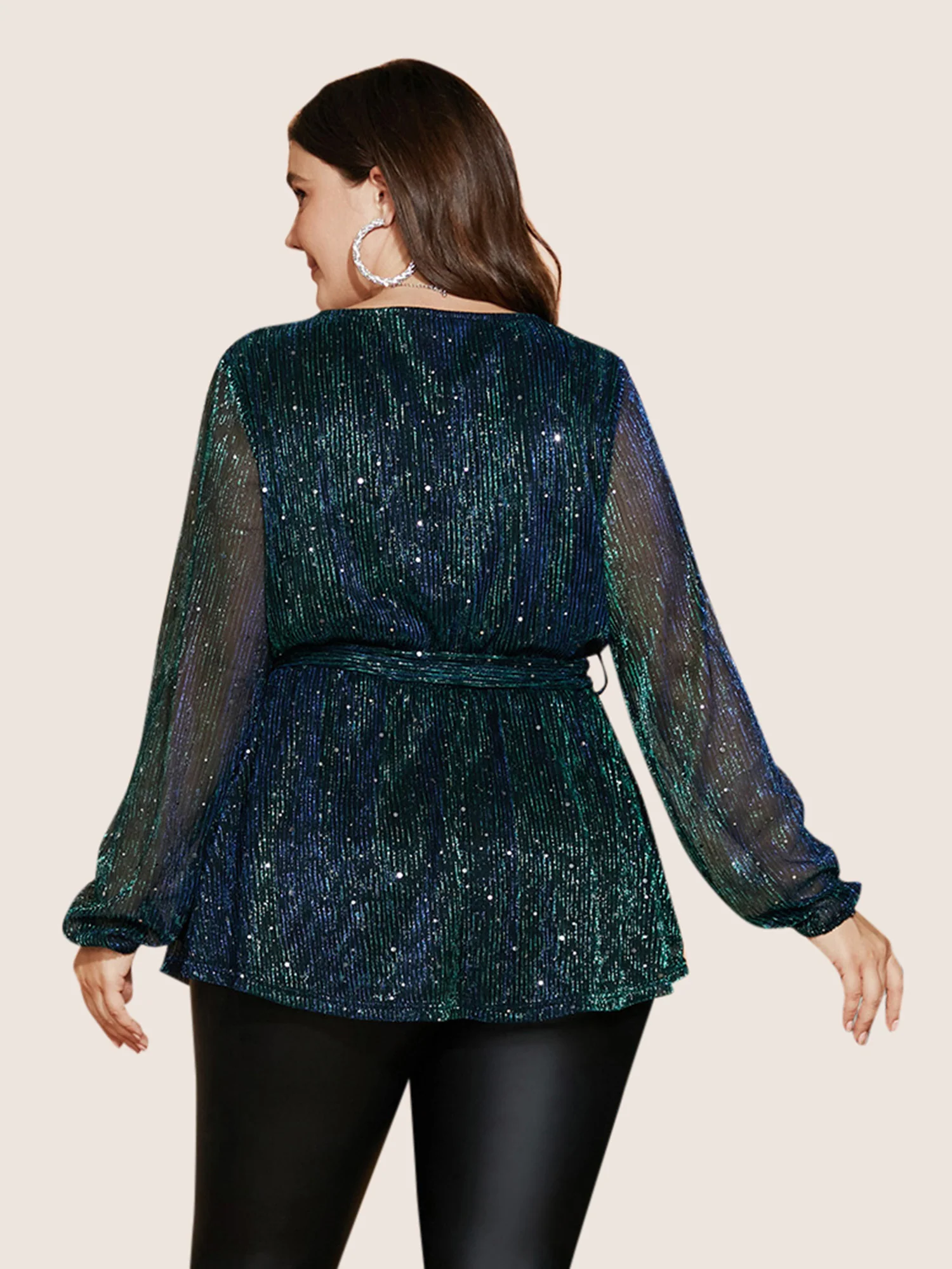 Sequin Mesh Lantern Sleeve Wrap Belted Striped Blouse - Image 9