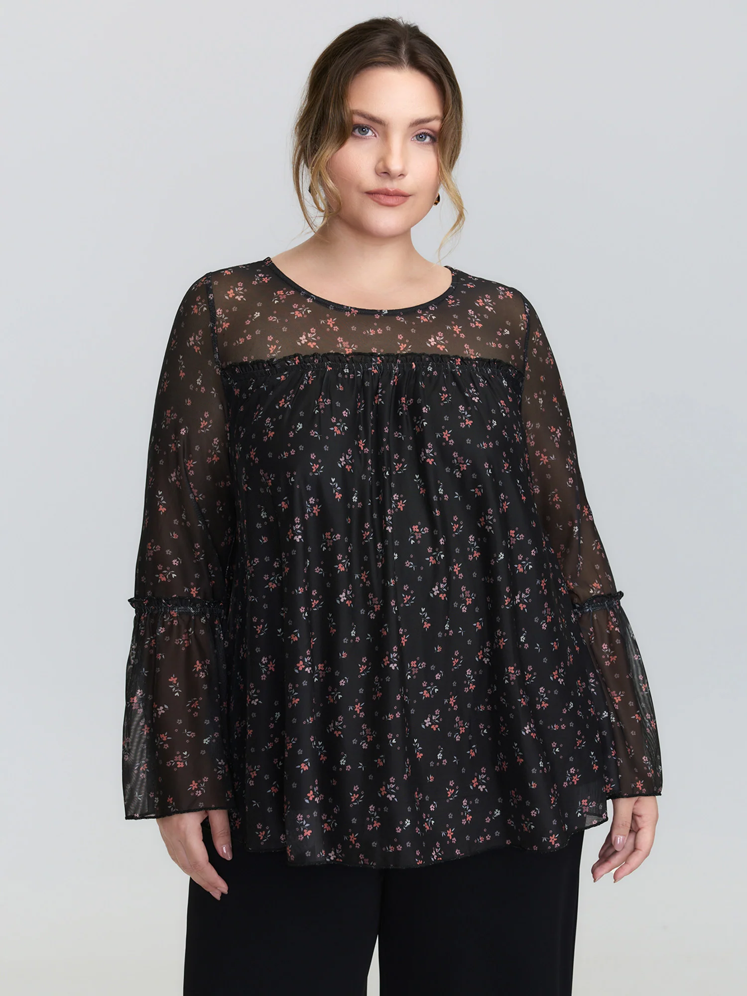Sheer Floral Stretchy Net Knit Top - Image 3
