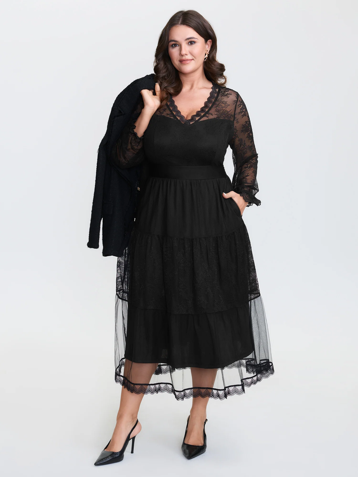 Sheer Lace Trim Stretchy Waist Midi Dress - Image 3