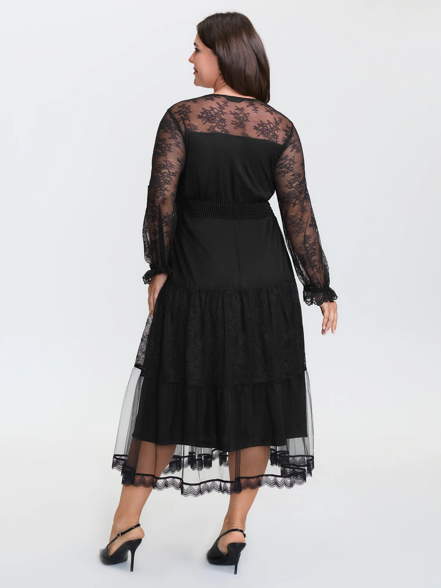 Sheer Lace Trim Stretchy Waist Midi Dress - Image 5