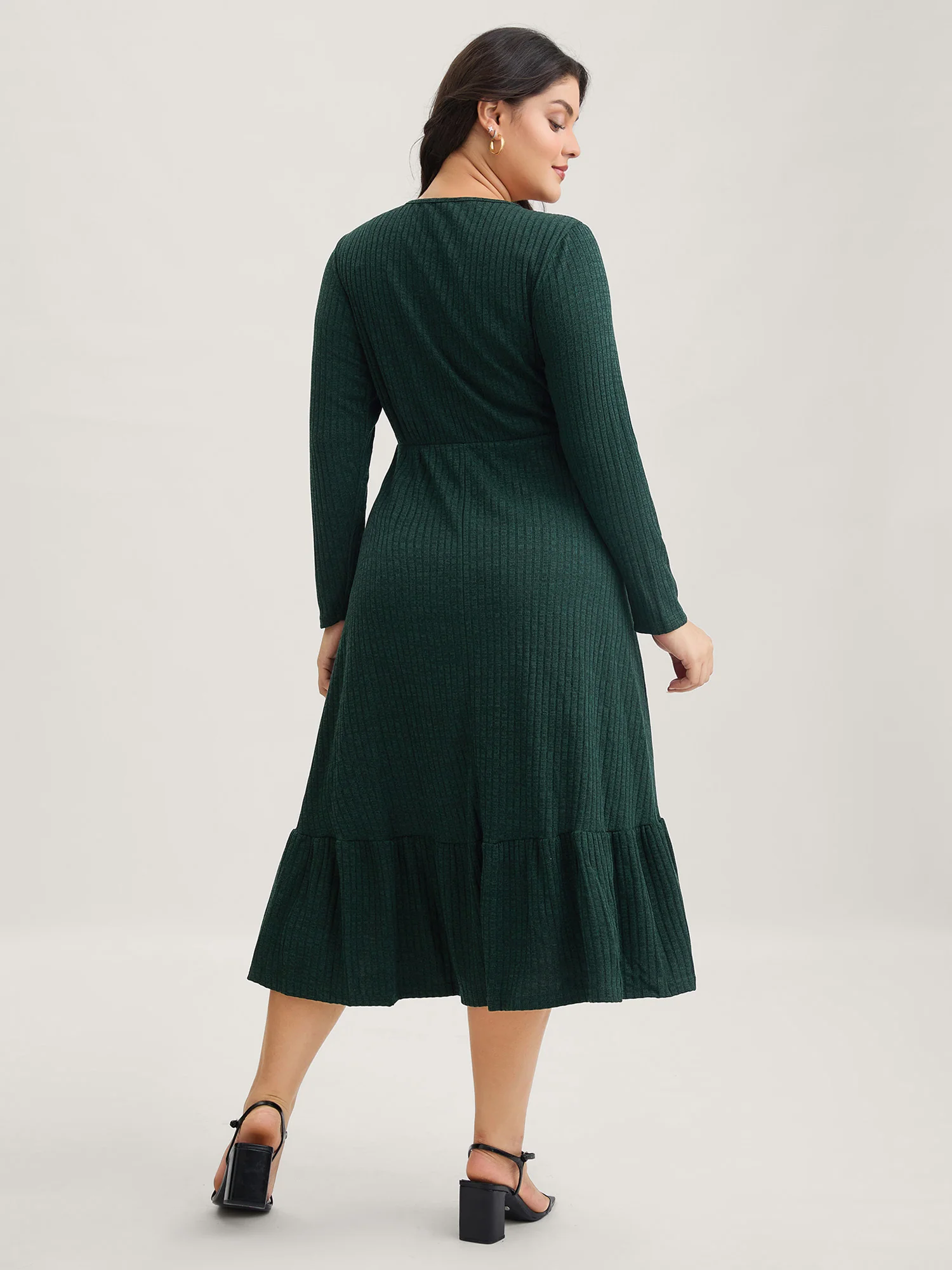 Solid Pocket Rib Knit Ruffle Hem Dress Without Belt - Image 10