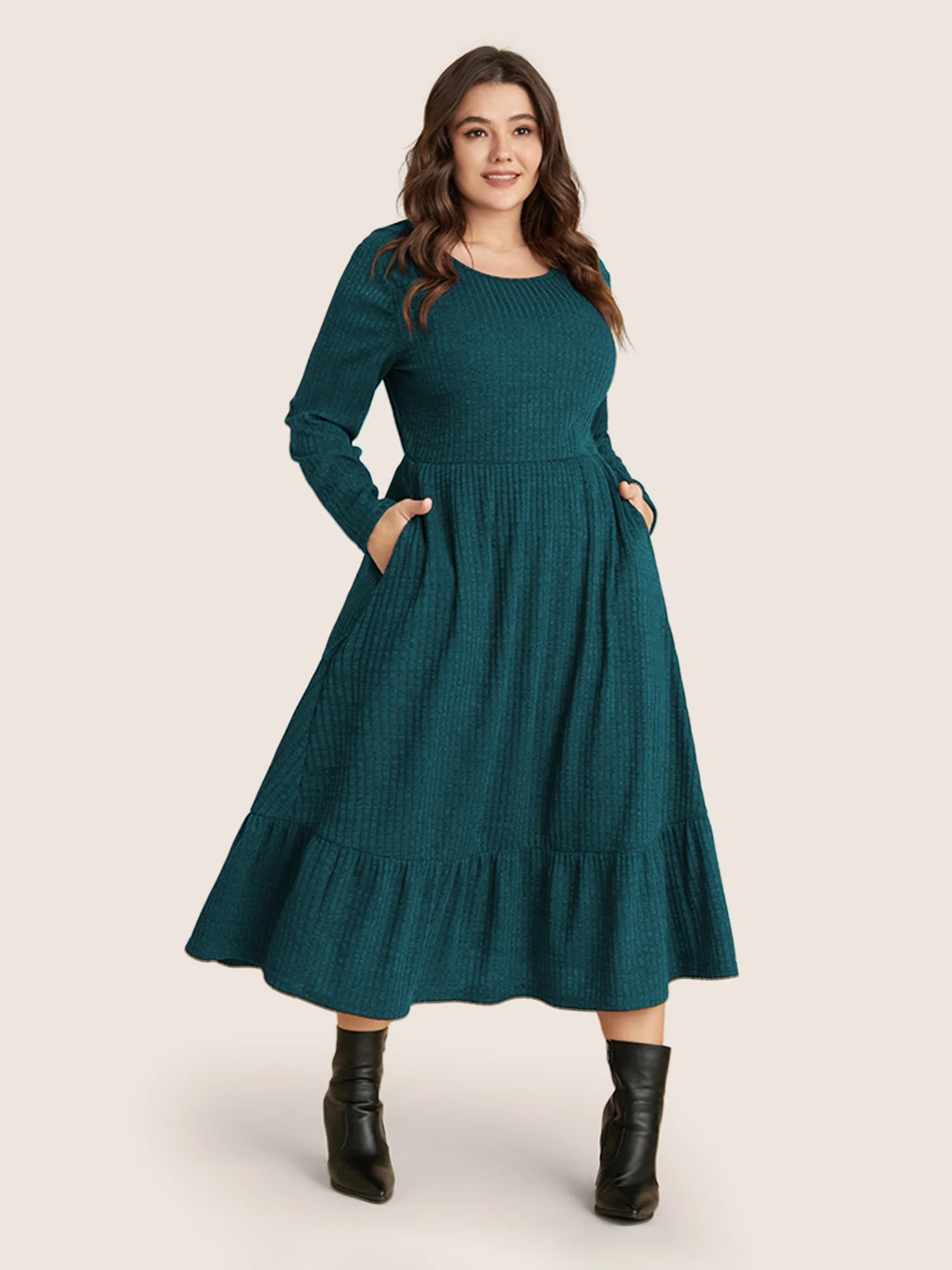 Solid Pocket Rib Knit Ruffle Hem Dress Without Belt - Image 14