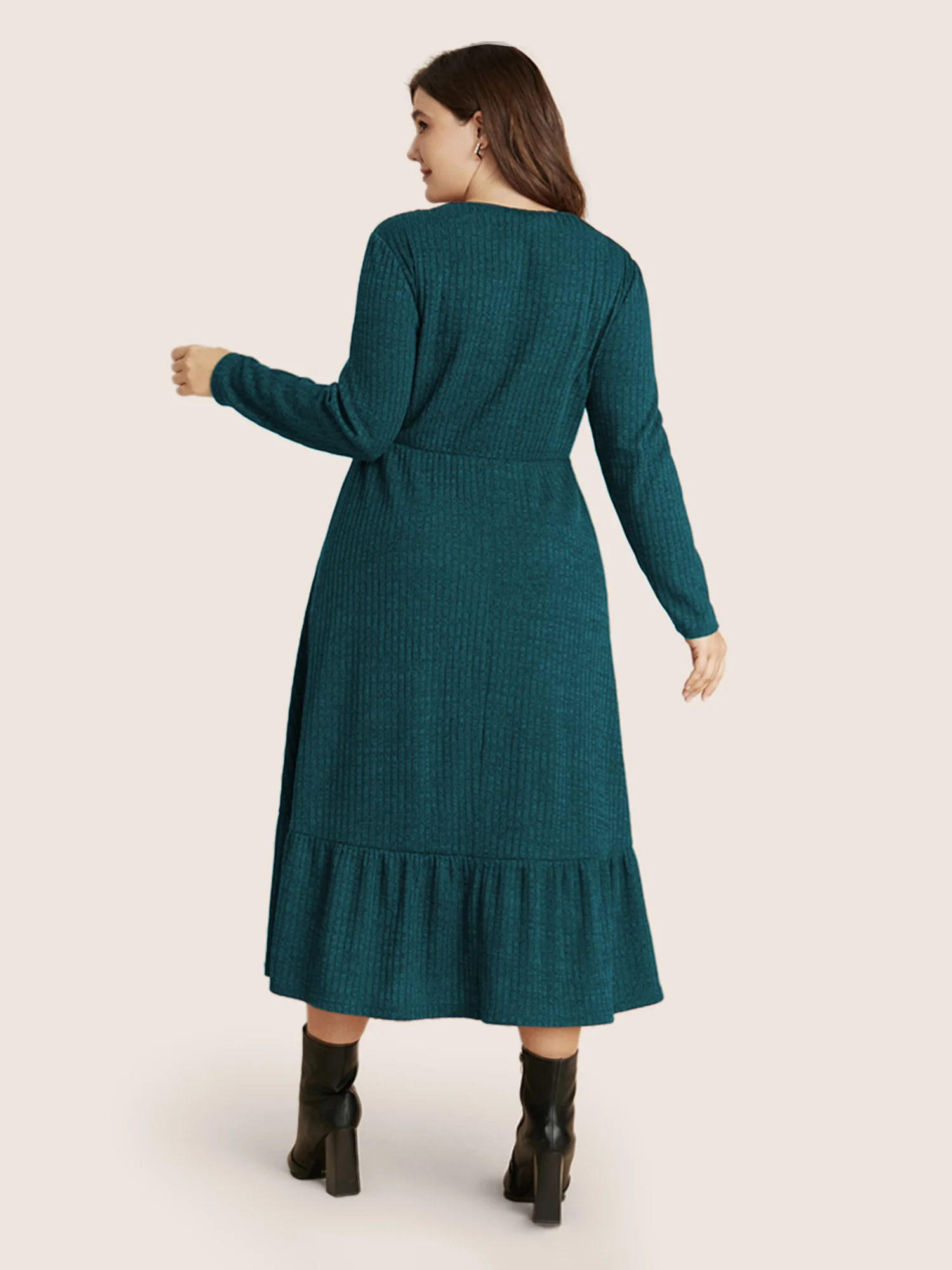 Solid Pocket Rib Knit Ruffle Hem Dress Without Belt - Image 15