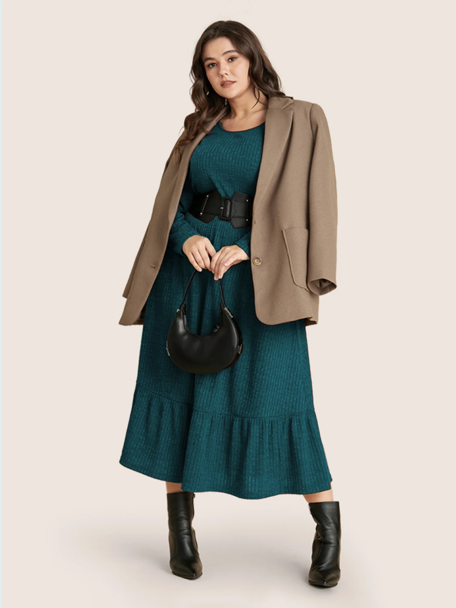 Solid Pocket Rib Knit Ruffle Hem Dress Without Belt - Image 16