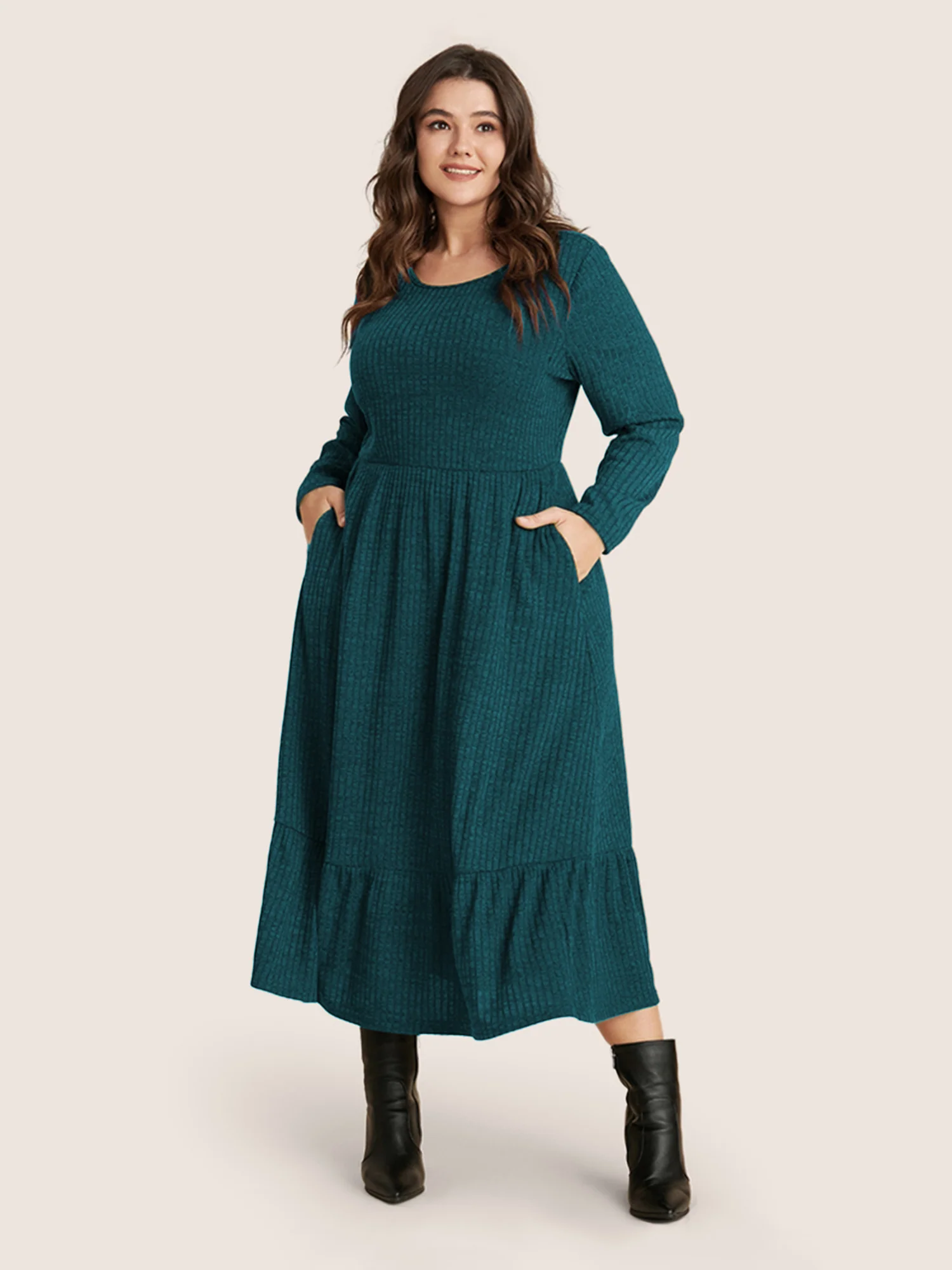 Solid Pocket Rib Knit Ruffle Hem Dress Without Belt - Image 17