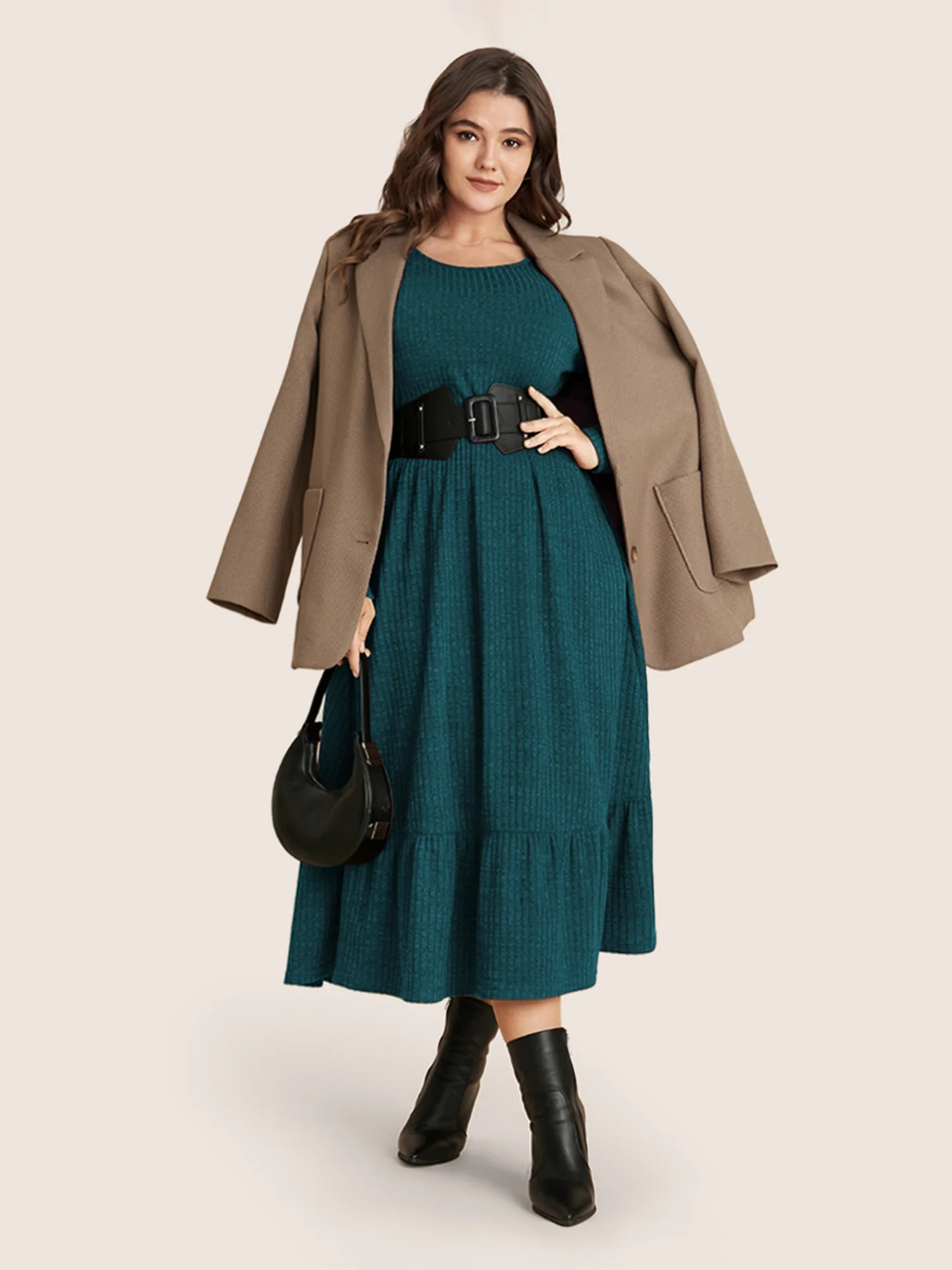 Solid Pocket Rib Knit Ruffle Hem Dress Without Belt - Image 18