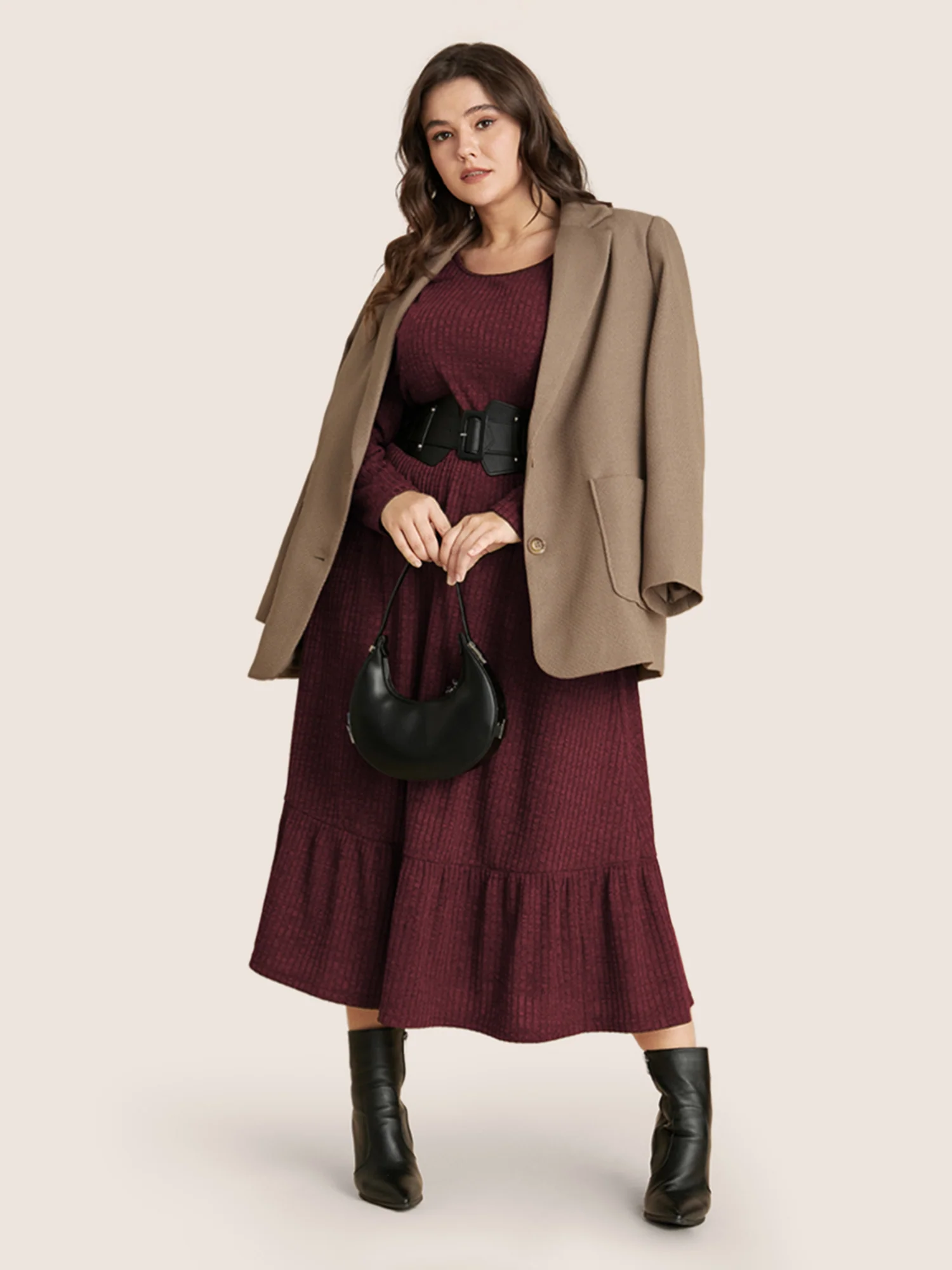 Solid Pocket Rib Knit Ruffle Hem Dress Without Belt - Image 3