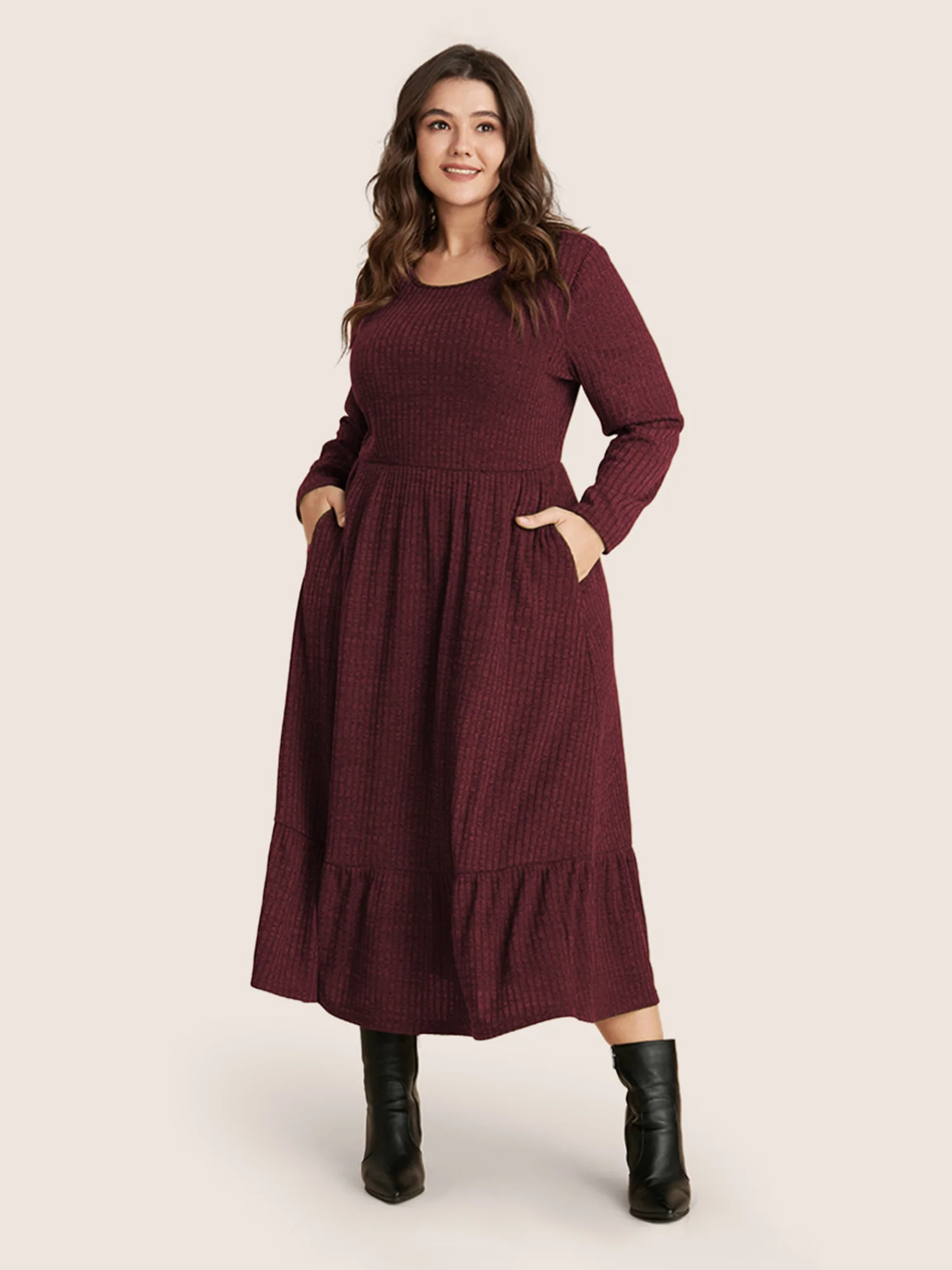 Solid Pocket Rib Knit Ruffle Hem Dress Without Belt - Image 4