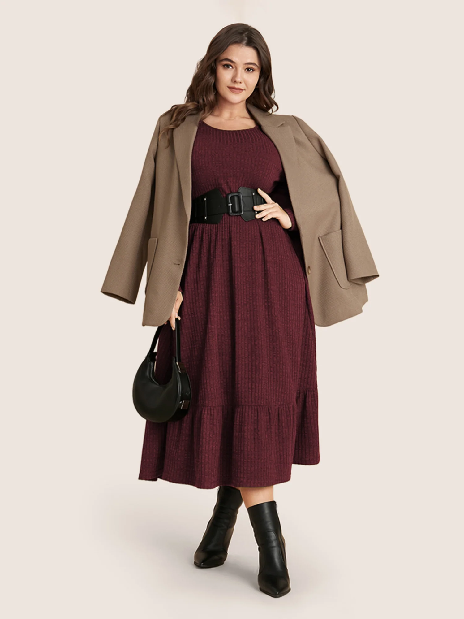 Solid Pocket Rib Knit Ruffle Hem Dress Without Belt - Image 5