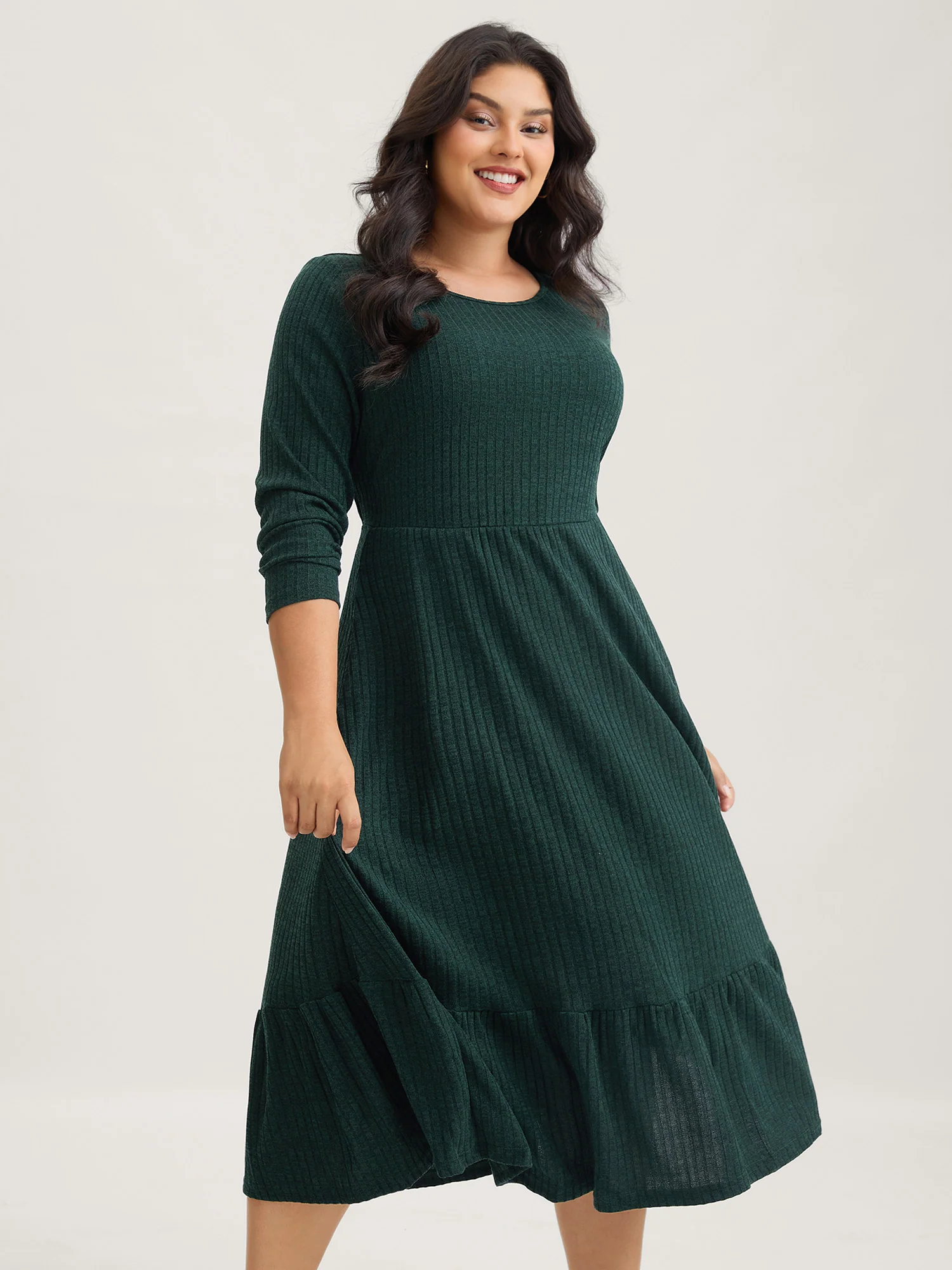 Solid Pocket Rib Knit Ruffle Hem Dress Without Belt - Image 6