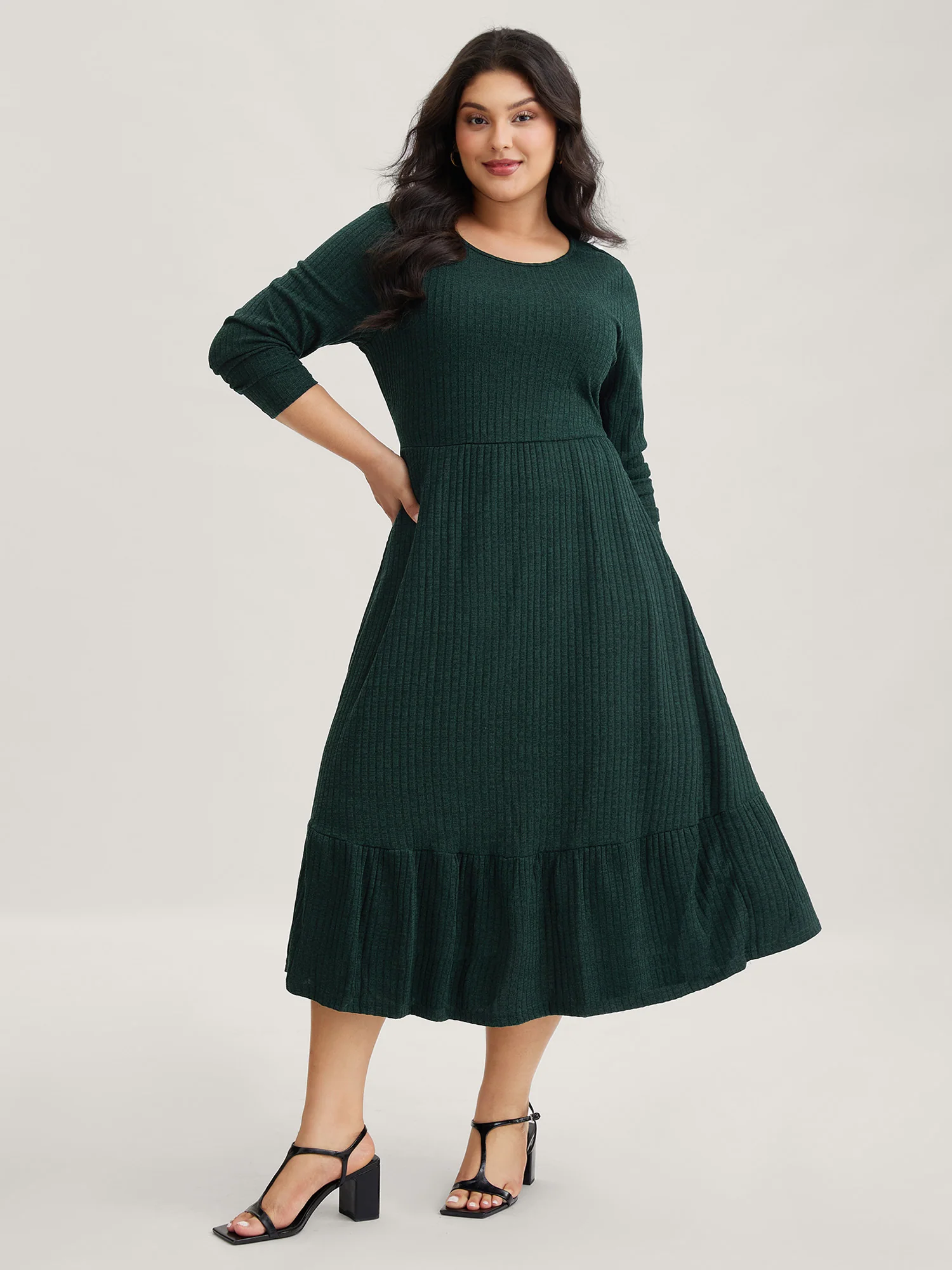 Solid Pocket Rib Knit Ruffle Hem Dress Without Belt - Image 7