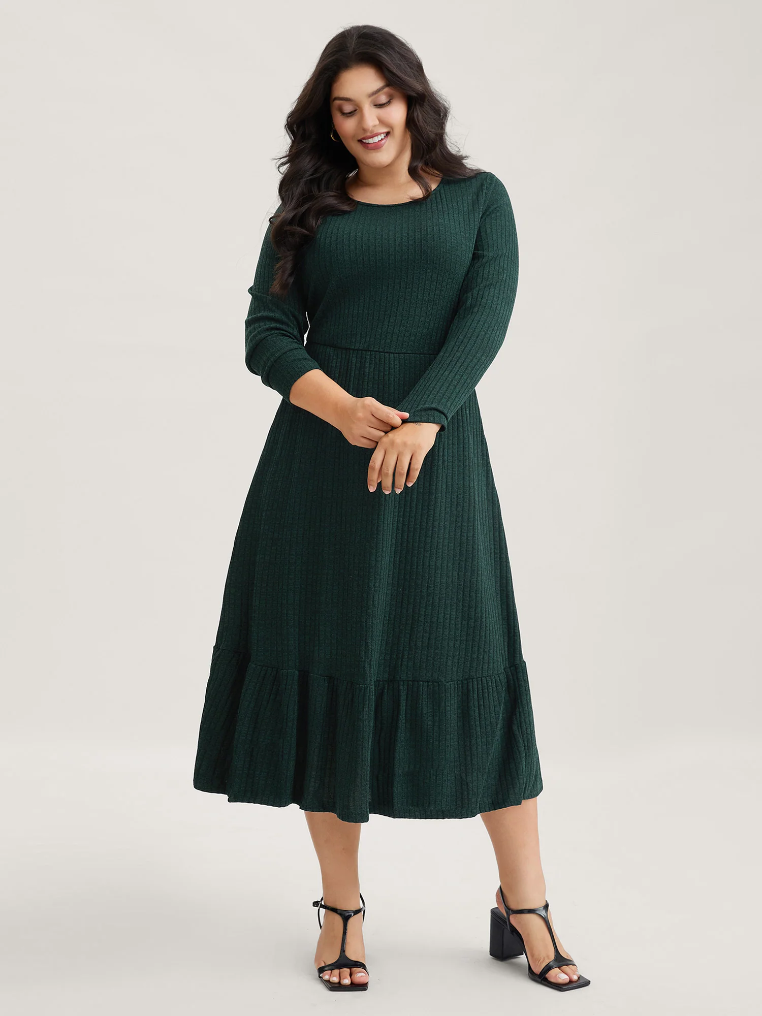 Solid Pocket Rib Knit Ruffle Hem Dress Without Belt - Image 9