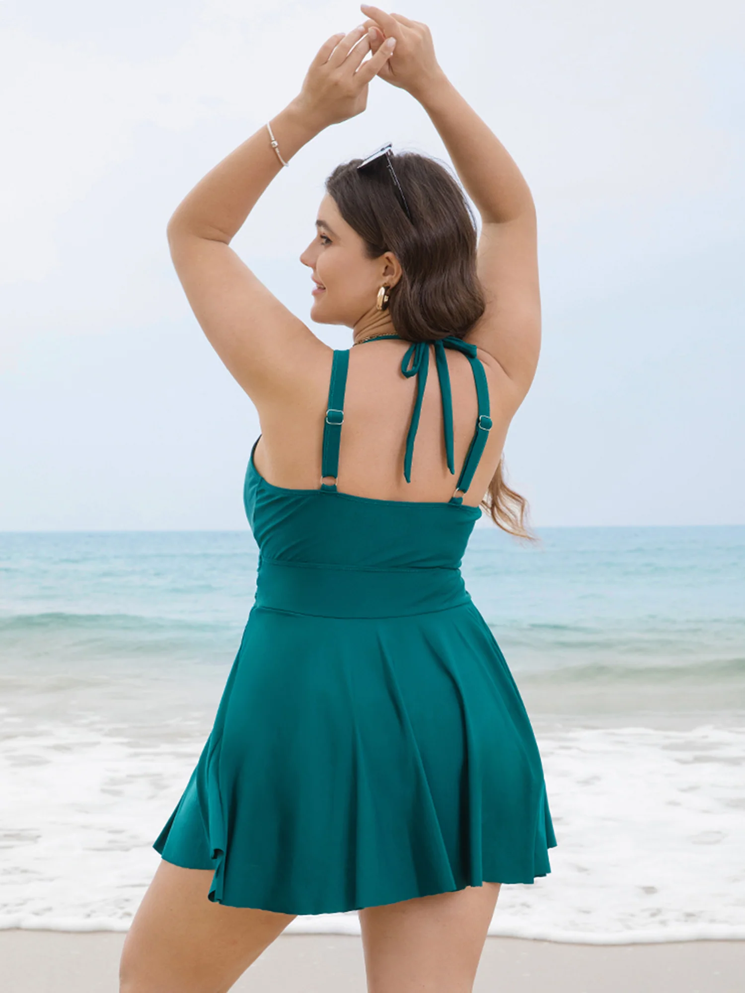 Solid Ruffle Hem Empire Waist Halter Neck Swim Dress - Image 3