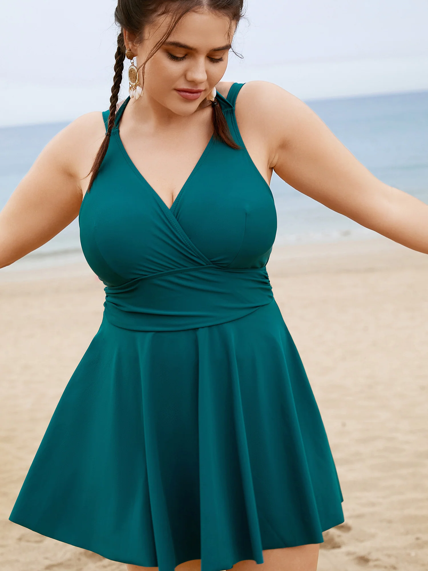 Solid Ruffle Hem Empire Waist Halter Neck Swim Dress - Image 5