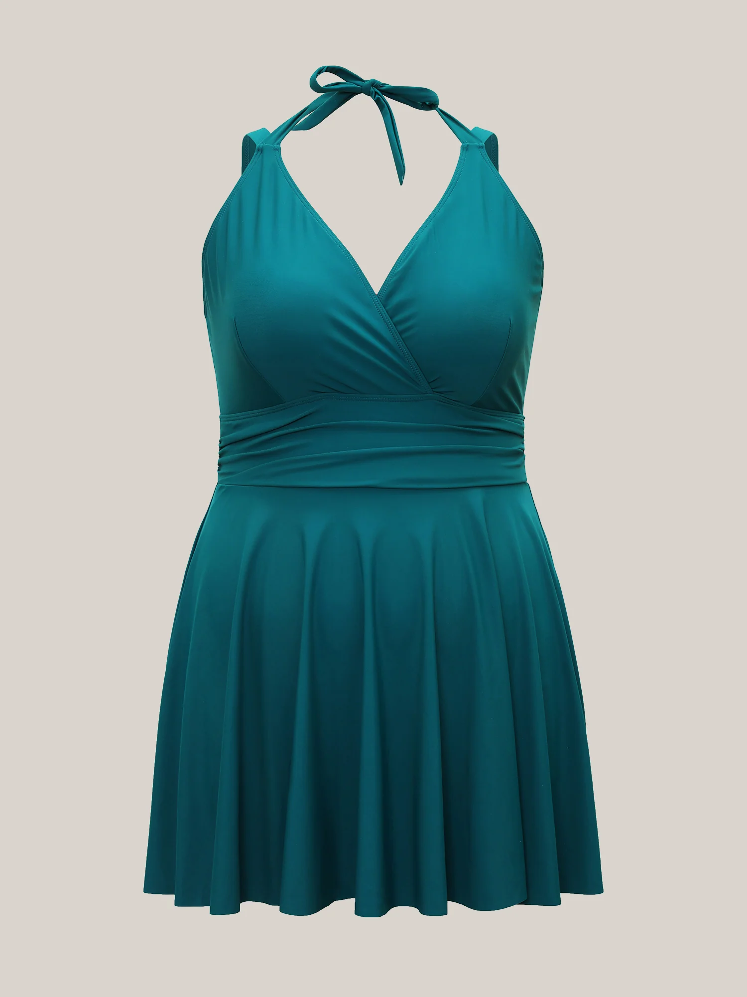 Solid Ruffle Hem Empire Waist Halter Neck Swim Dress - Image 8