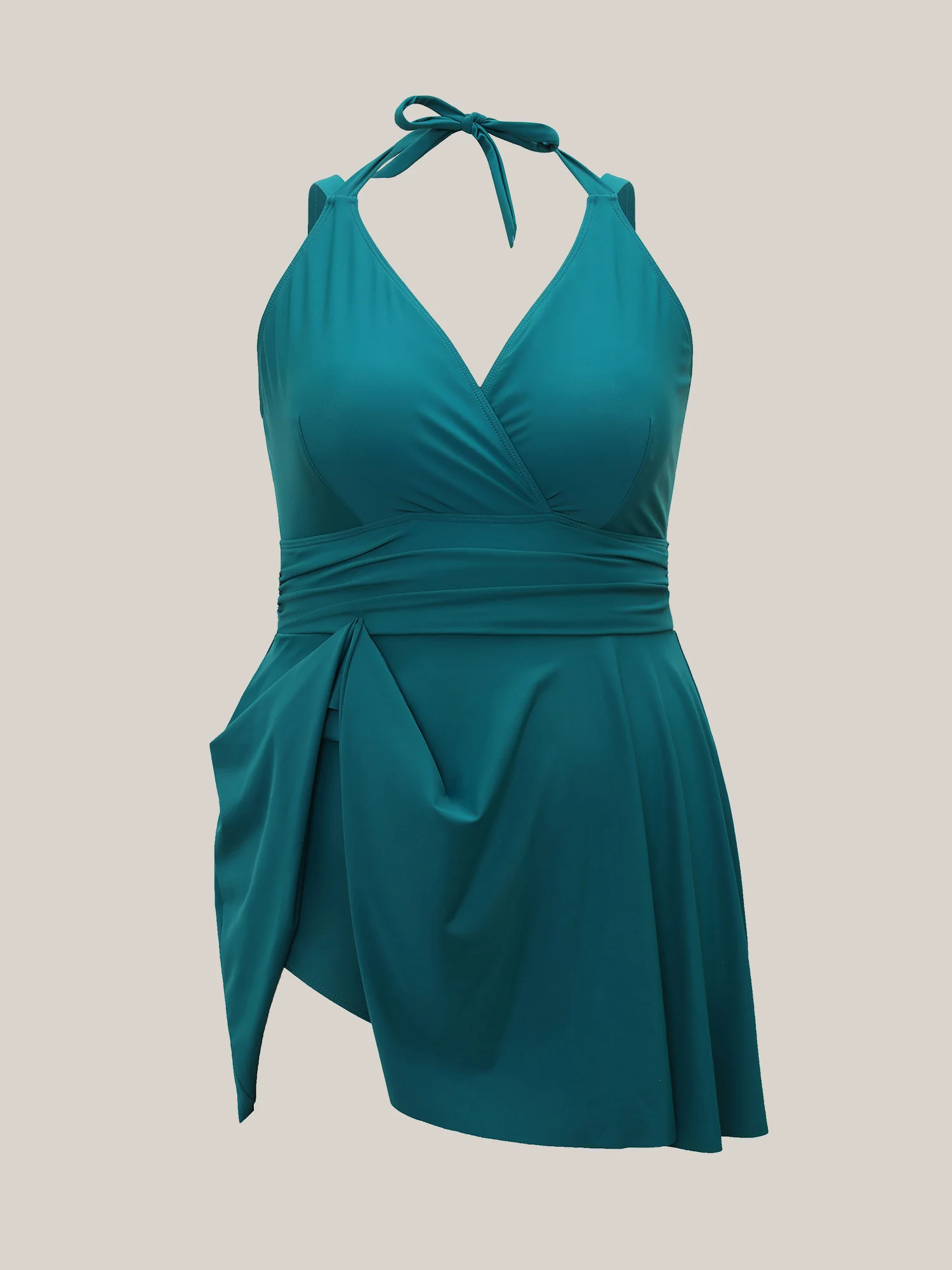 Solid Ruffle Hem Empire Waist Halter Neck Swim Dress - Image 9