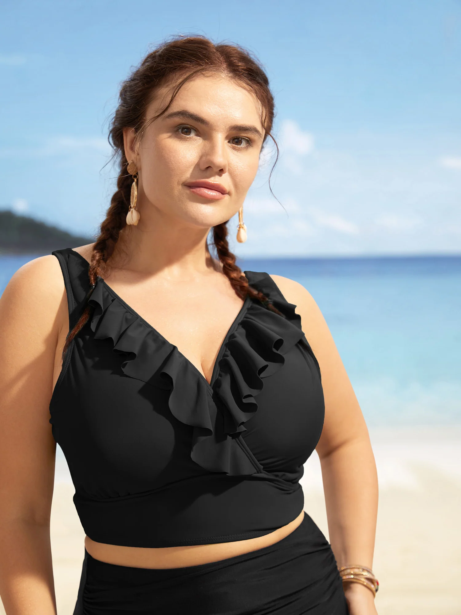 Solid Ruffle Surplice Neck Trim Swim Top - Image 8