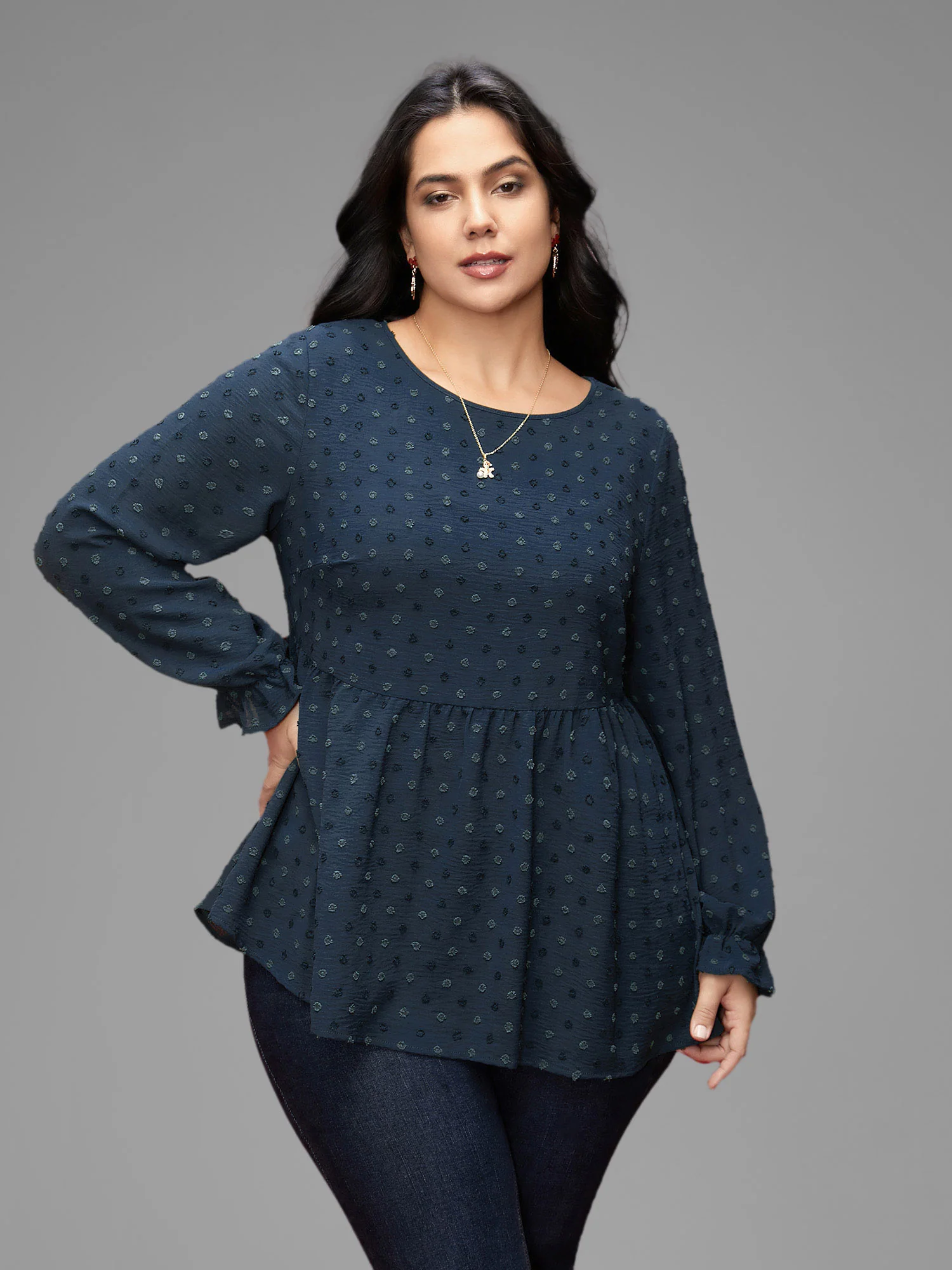 Textured Dot Elastic Cuffs A-line Blouse - Image 11