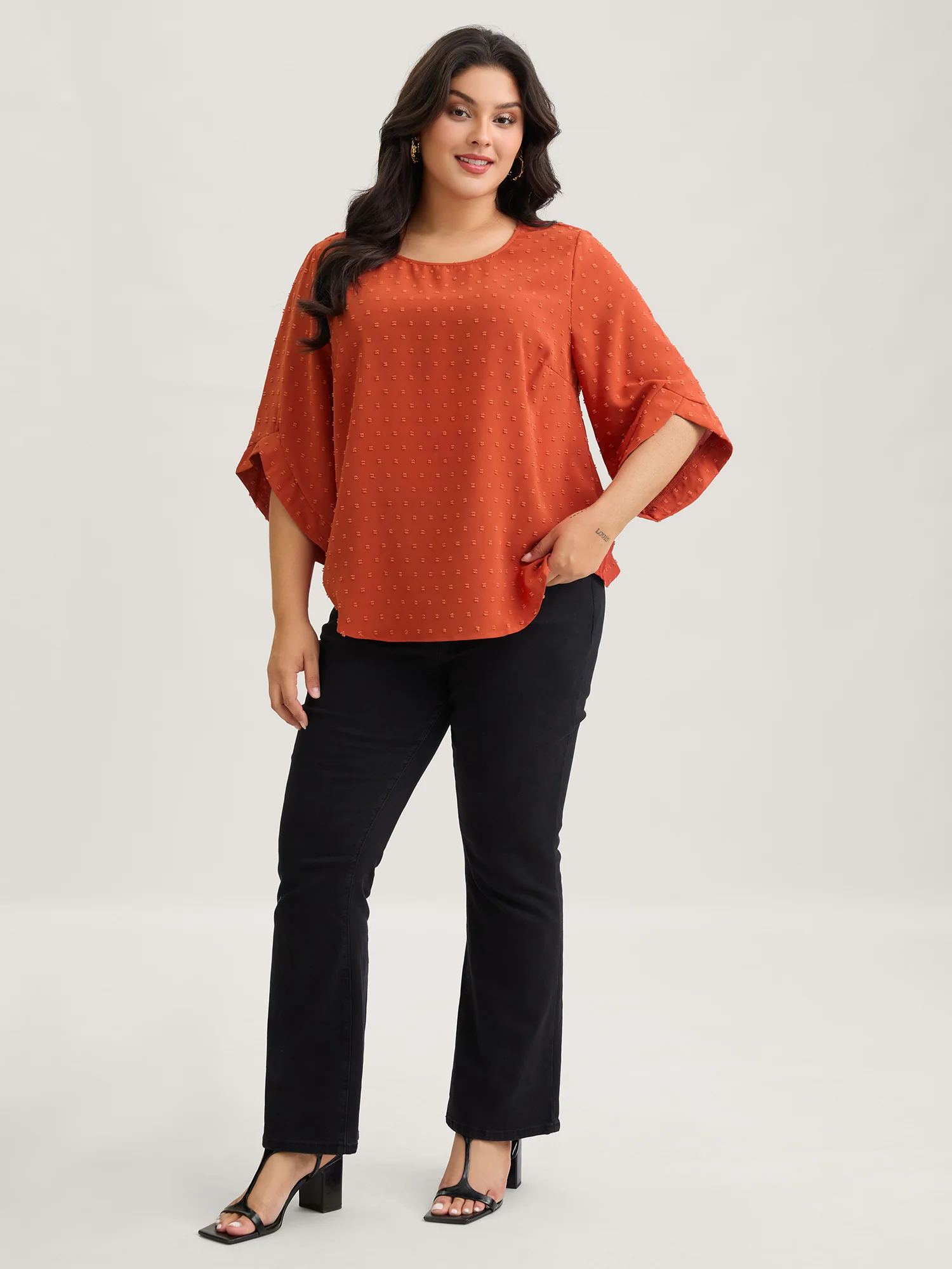 Textured Round Neck Bell Sleeve Blouse - Image 10