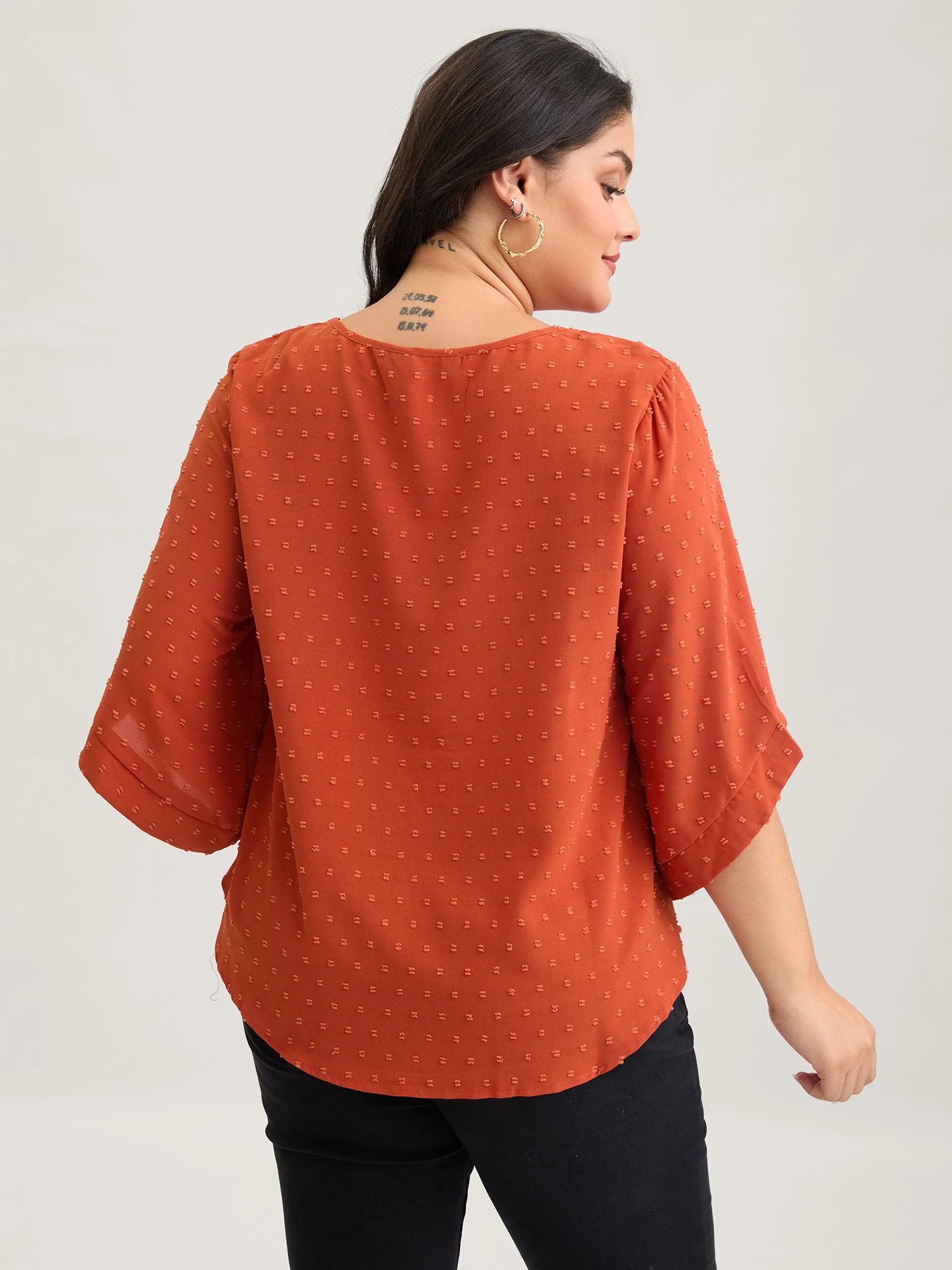 Textured Round Neck Bell Sleeve Blouse - Image 11