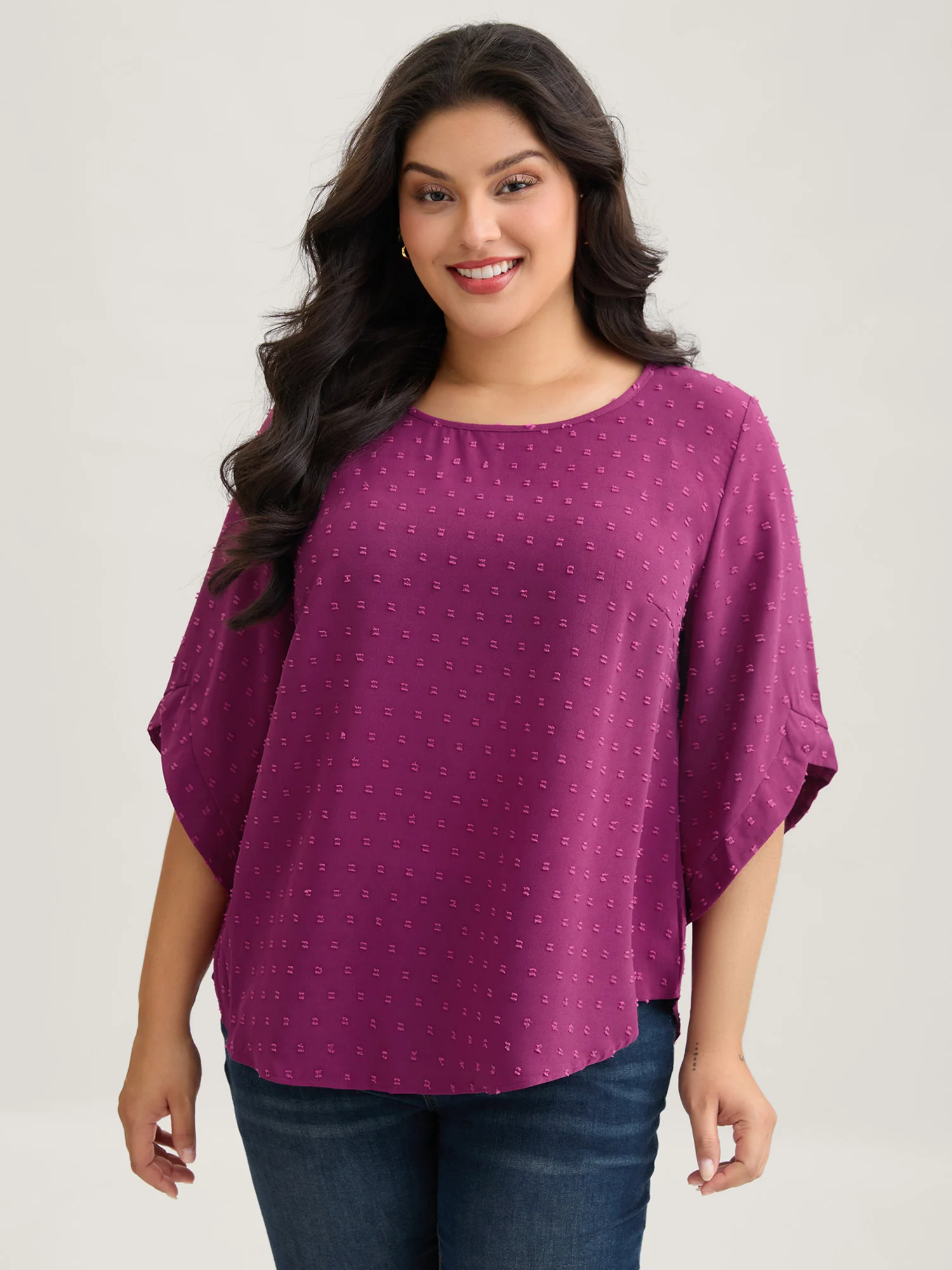 Textured Round Neck Bell Sleeve Blouse - Image 15