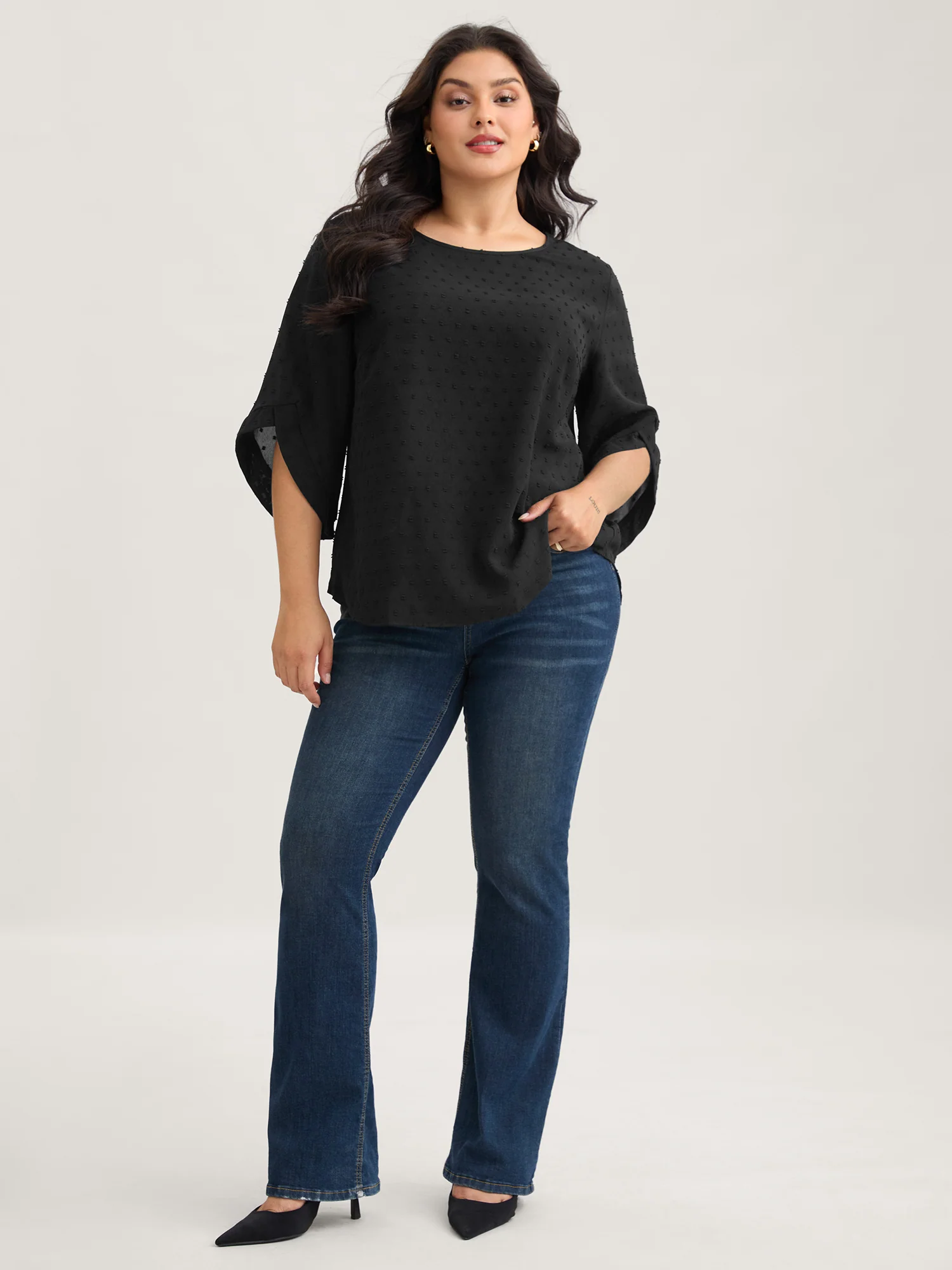 Textured Round Neck Bell Sleeve Blouse - Image 3