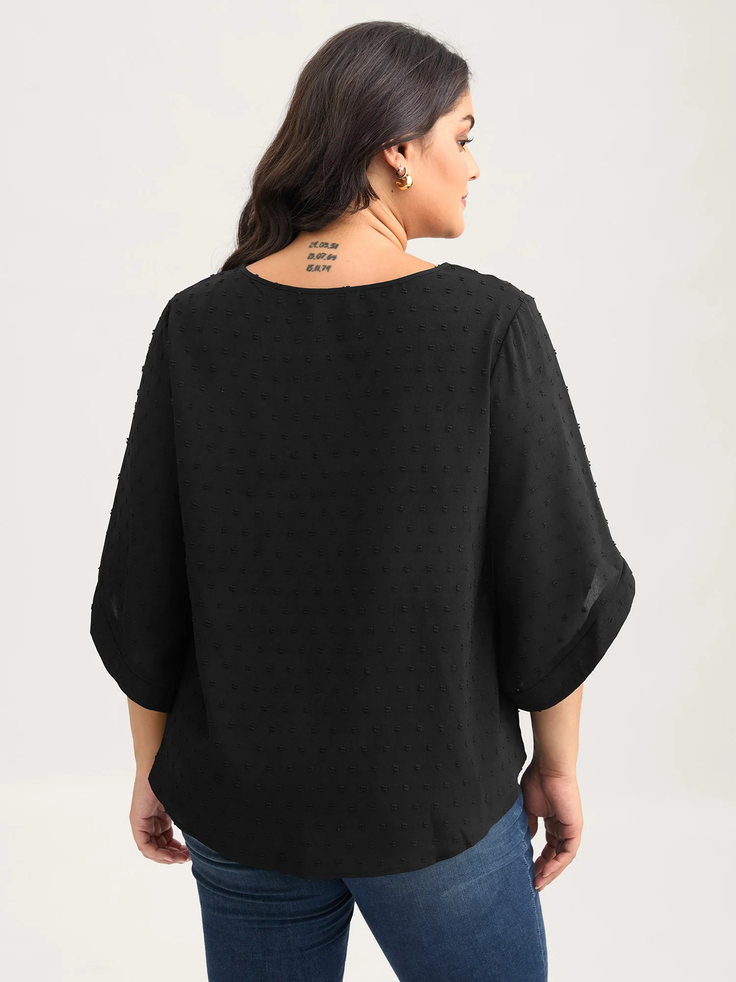 Textured Round Neck Bell Sleeve Blouse - Image 4