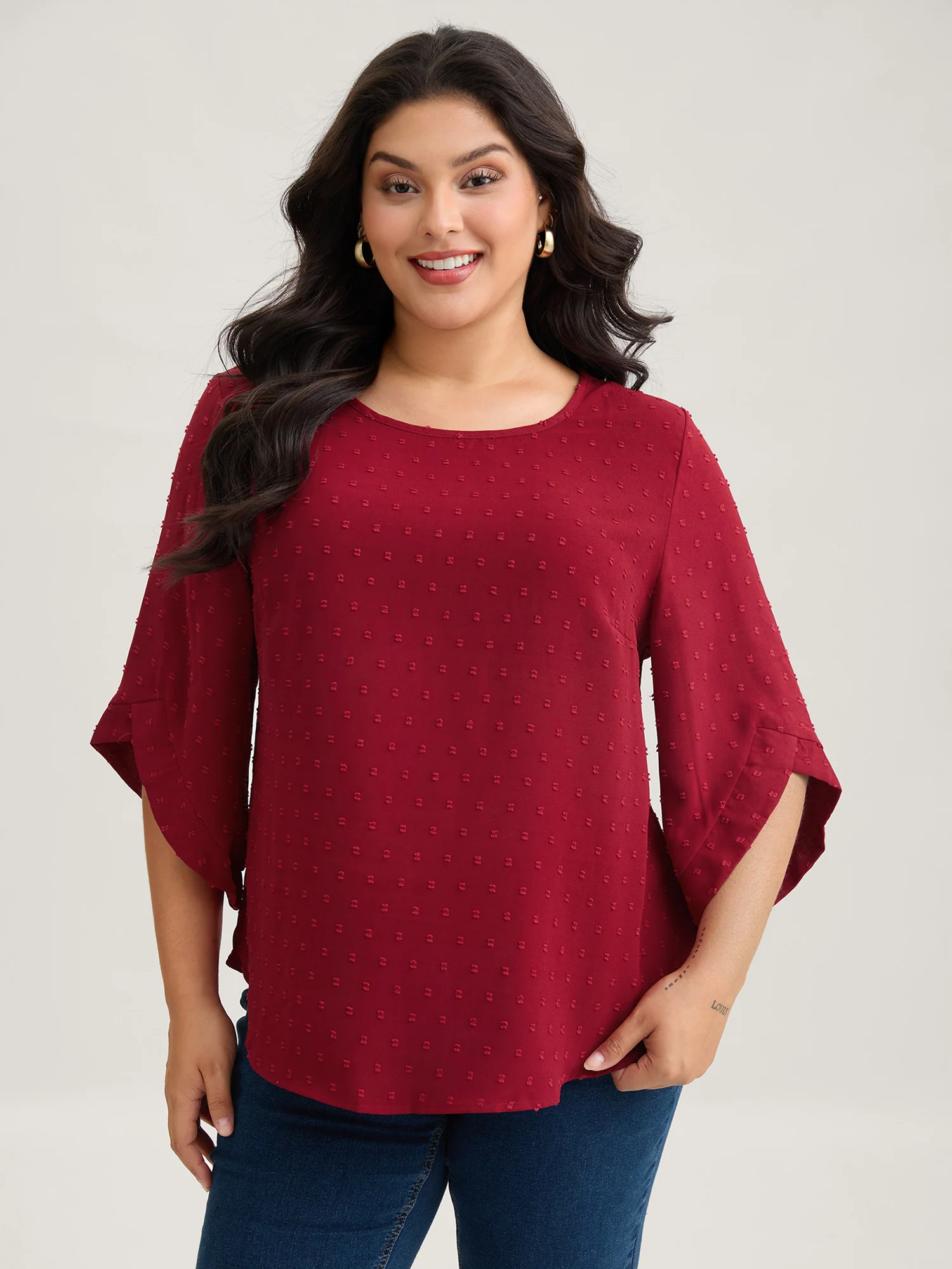 Textured Round Neck Bell Sleeve Blouse - Image 5