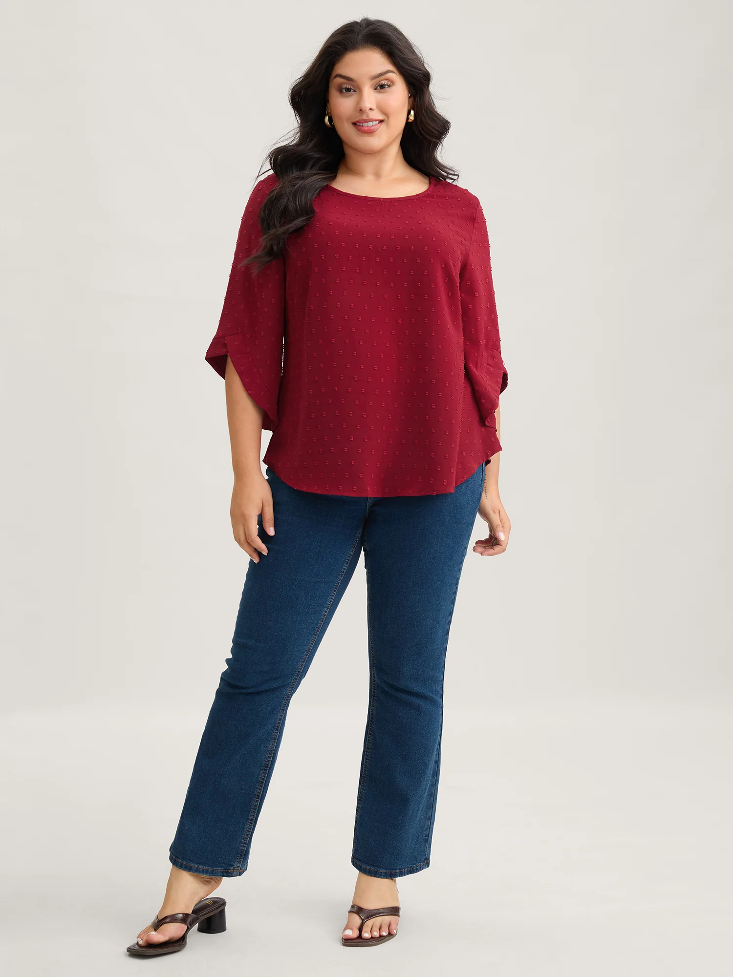 Textured Round Neck Bell Sleeve Blouse - Image 6
