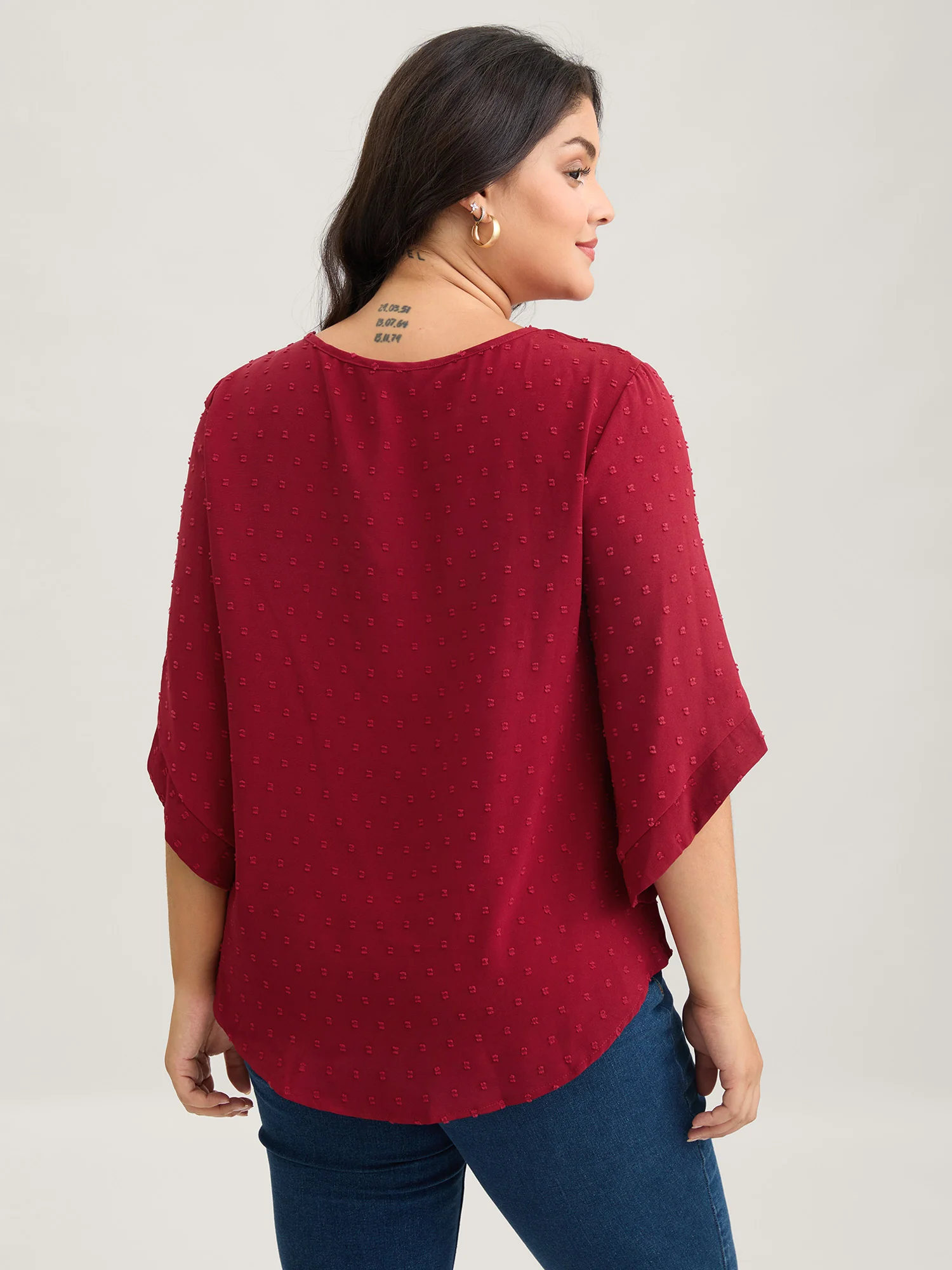 Textured Round Neck Bell Sleeve Blouse - Image 7