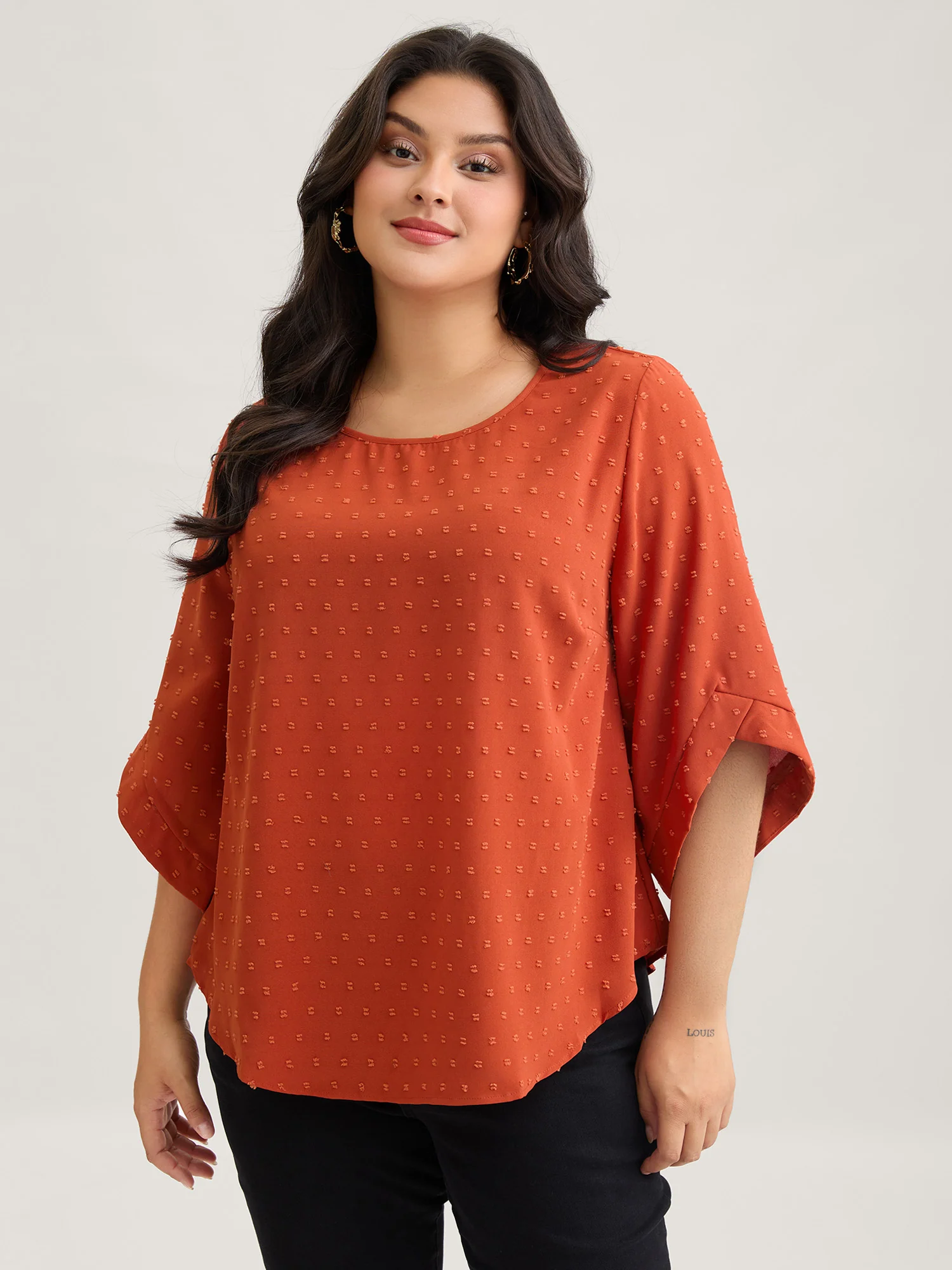 Textured Round Neck Bell Sleeve Blouse - Image 8