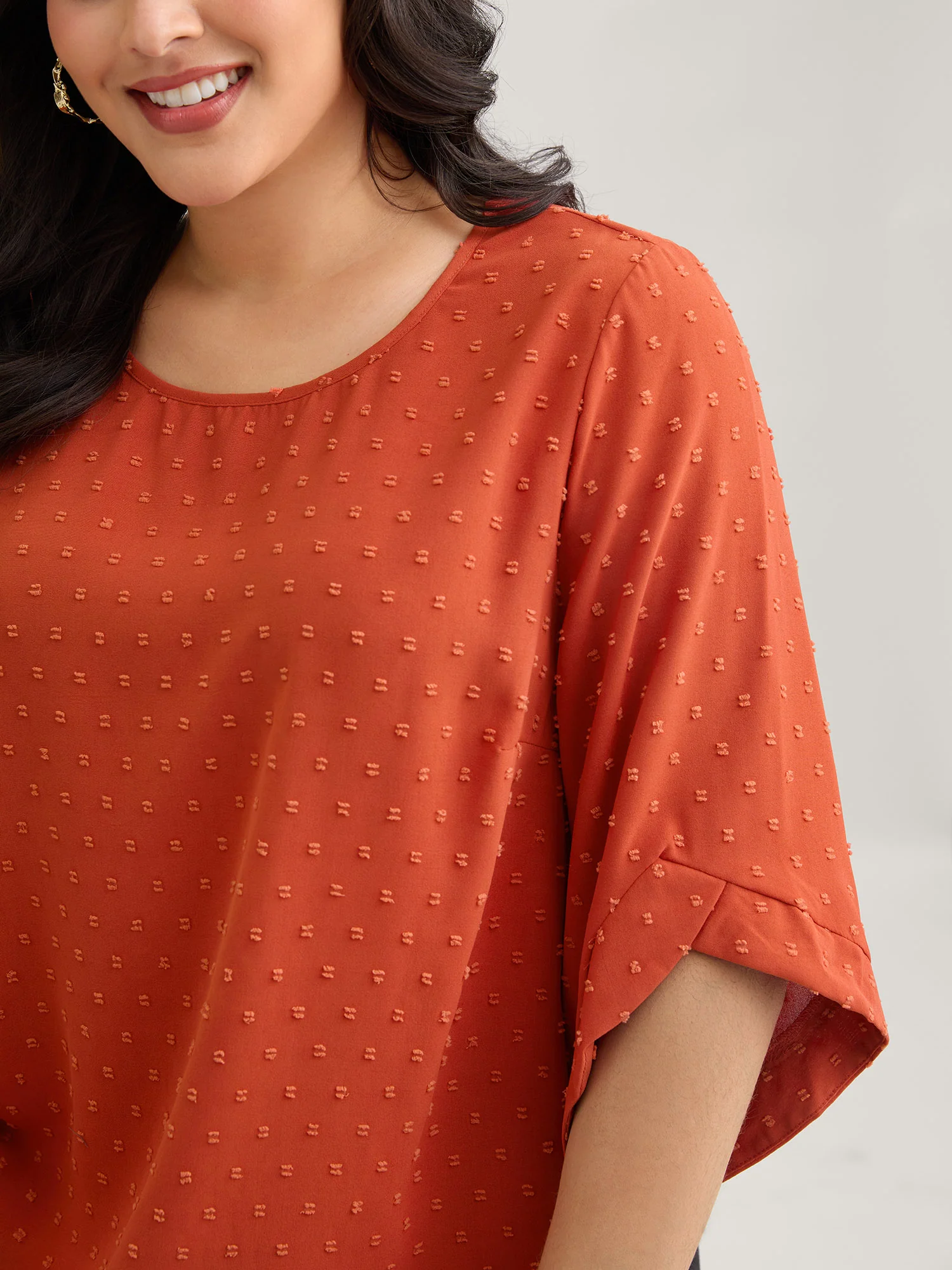 Textured Round Neck Bell Sleeve Blouse - Image 9