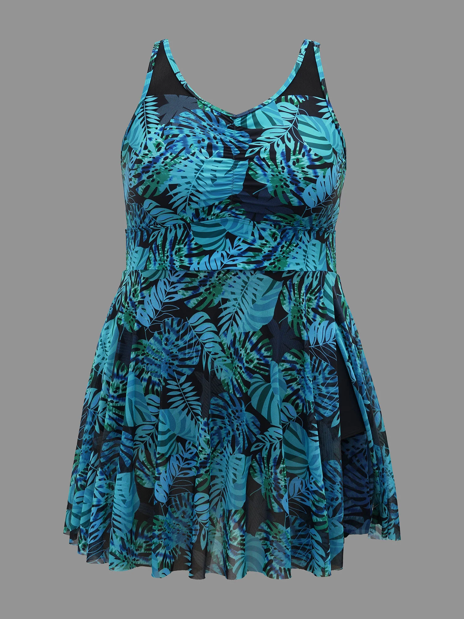 Tropical Print Patchwork Mesh Side Slit Swim Dress - Image 6