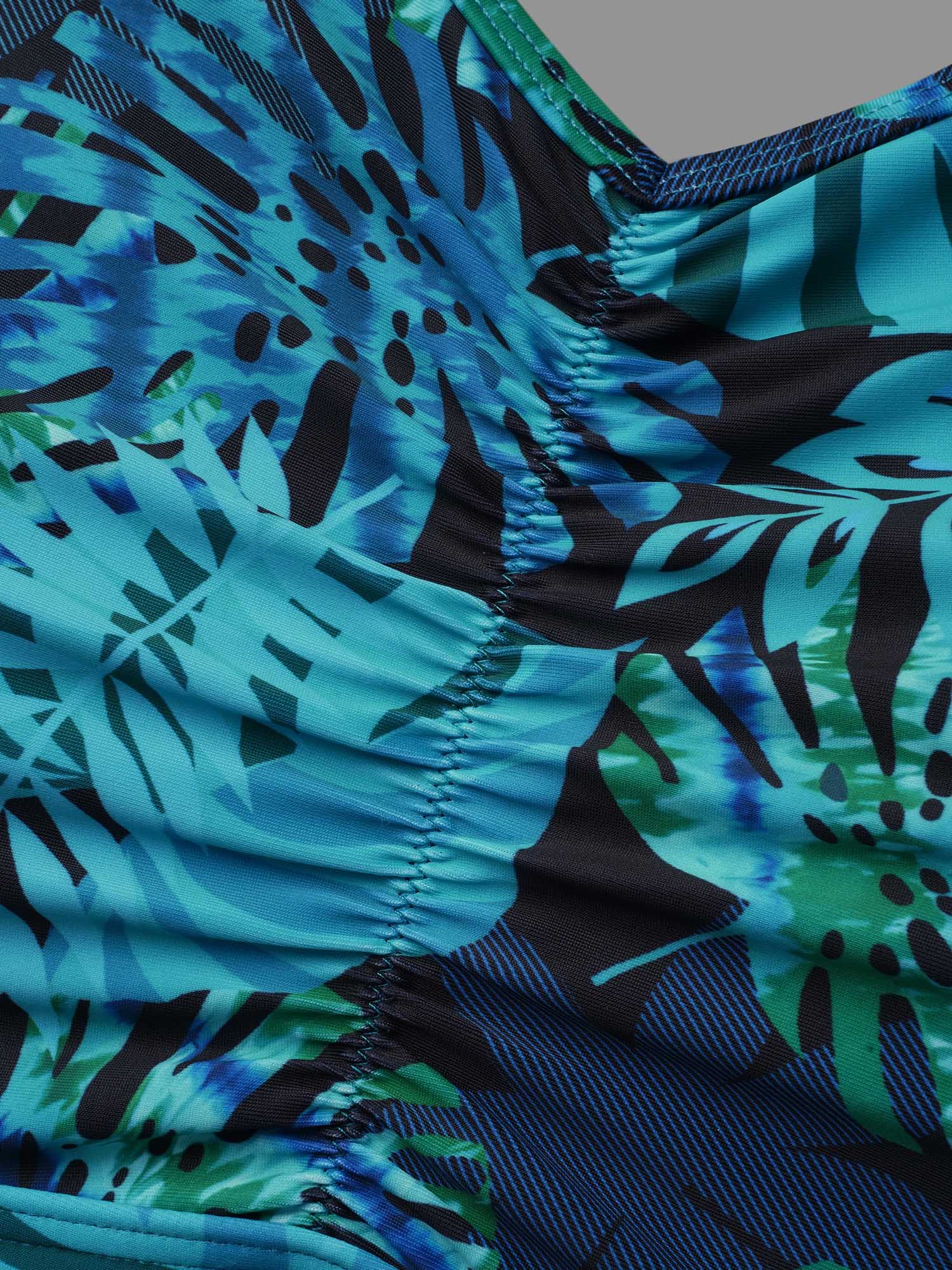 Tropical Print Patchwork Mesh Side Slit Swim Dress - Image 7