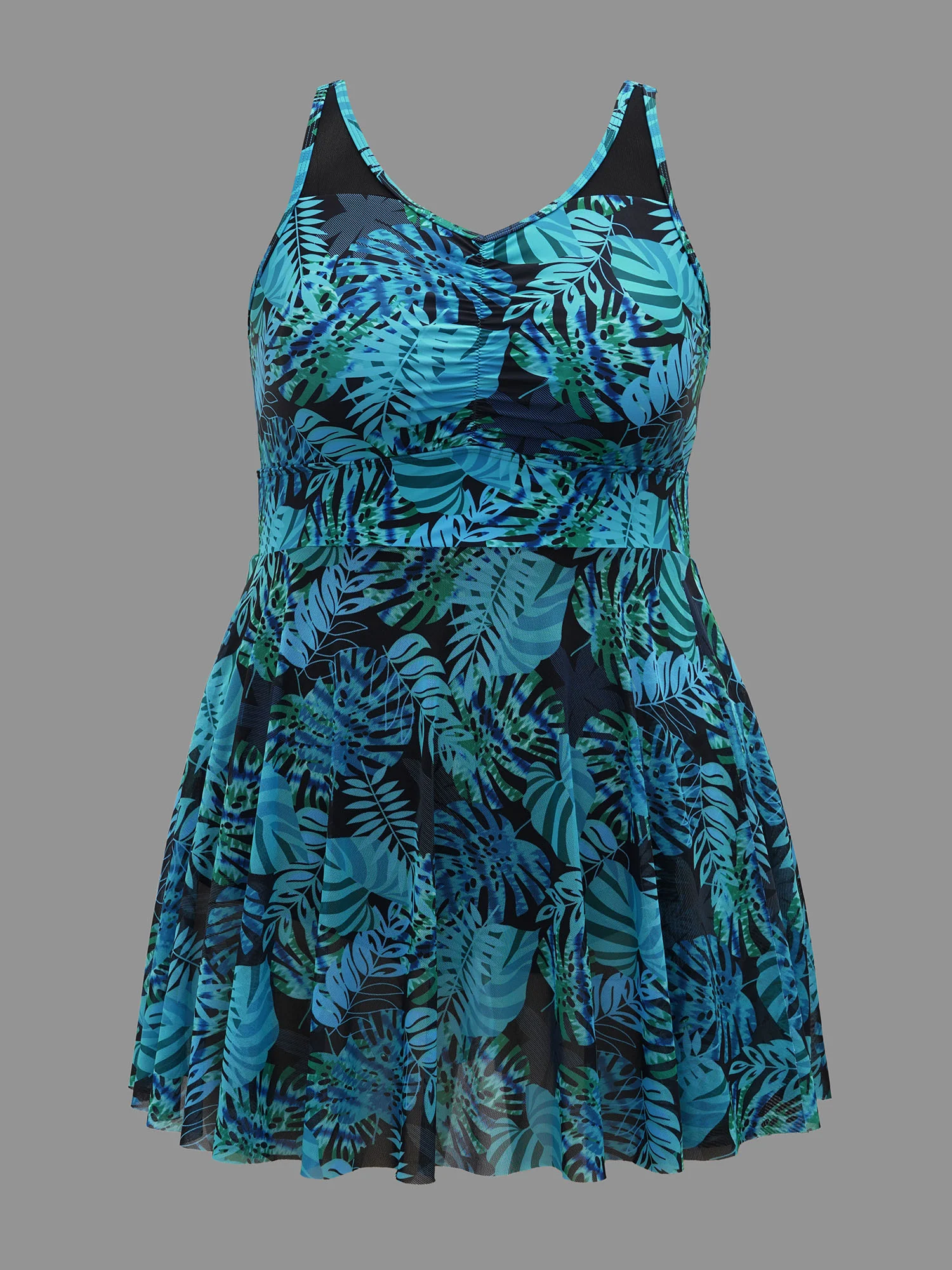 Tropical Print Patchwork Mesh Side Slit Swim Dress - Image 9