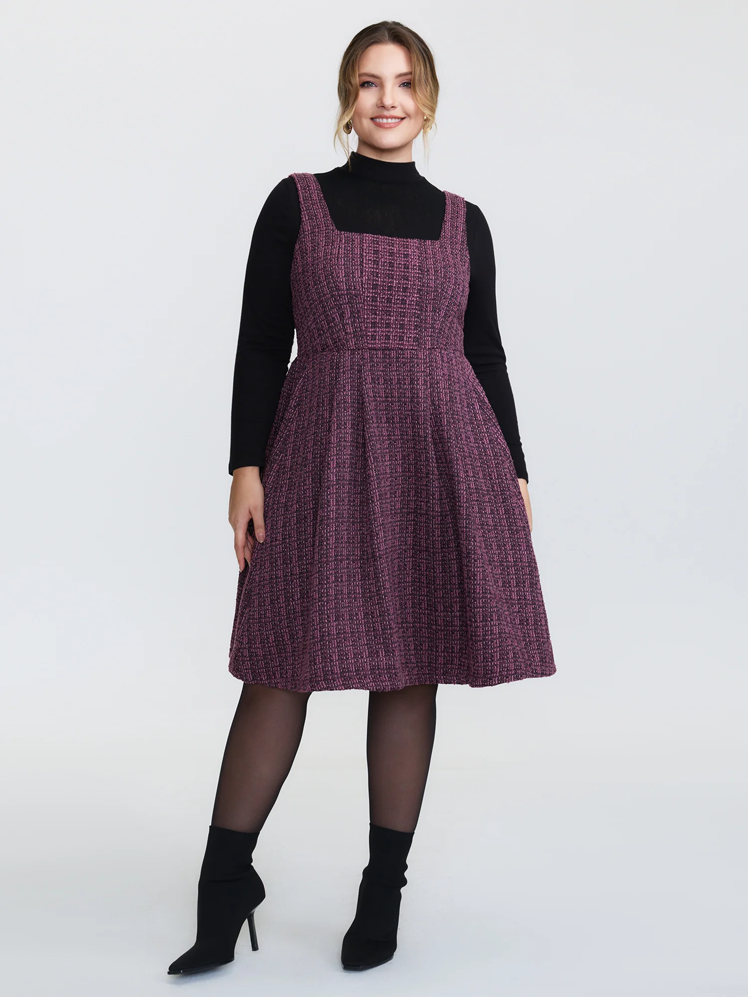 Tweed Pleated Waist Zipper Mini Dress - Image 3