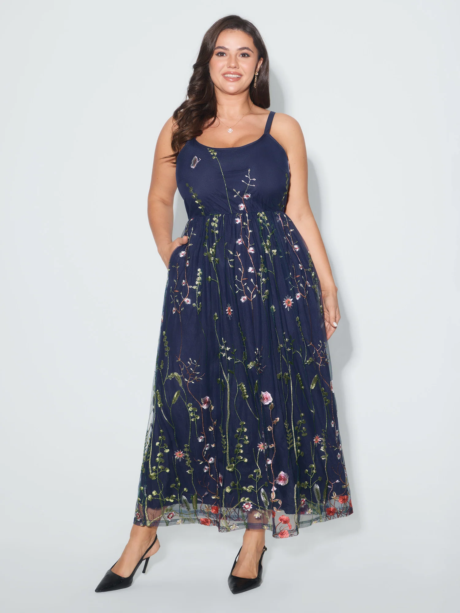 U Neck Floral Embroidered Mesh Cami Dress - Image 3